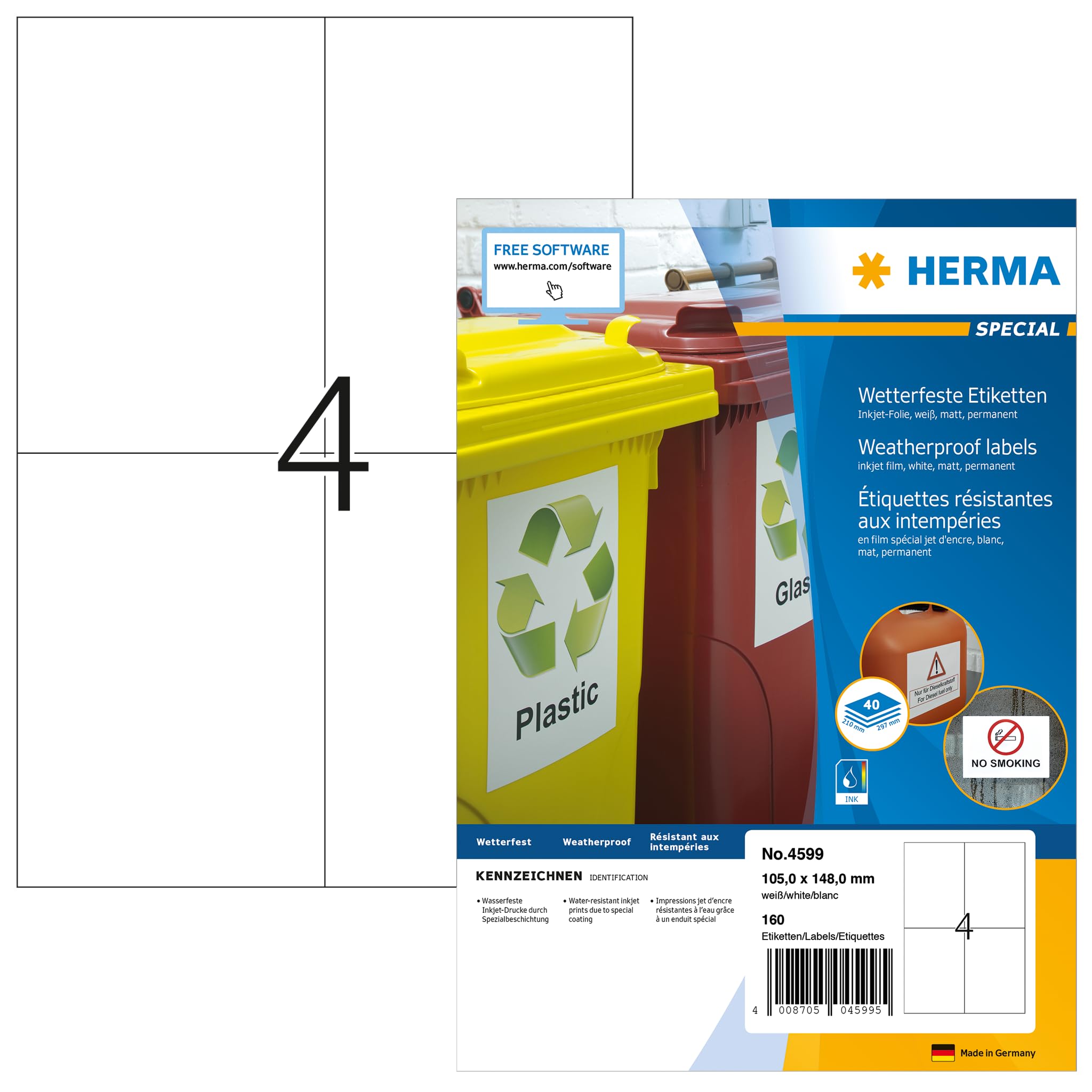 HERMA 4599 Wetterfeste Folienetiketten für Inkjet Drucker, 40 Blatt, 105 x 148 mm, 4 pro A4 Bogen, 160 Stück, selbstklebend, bedruckbar, matt, Klebeetiketten Aufkleber für Tintenstrahldrucker, weiß