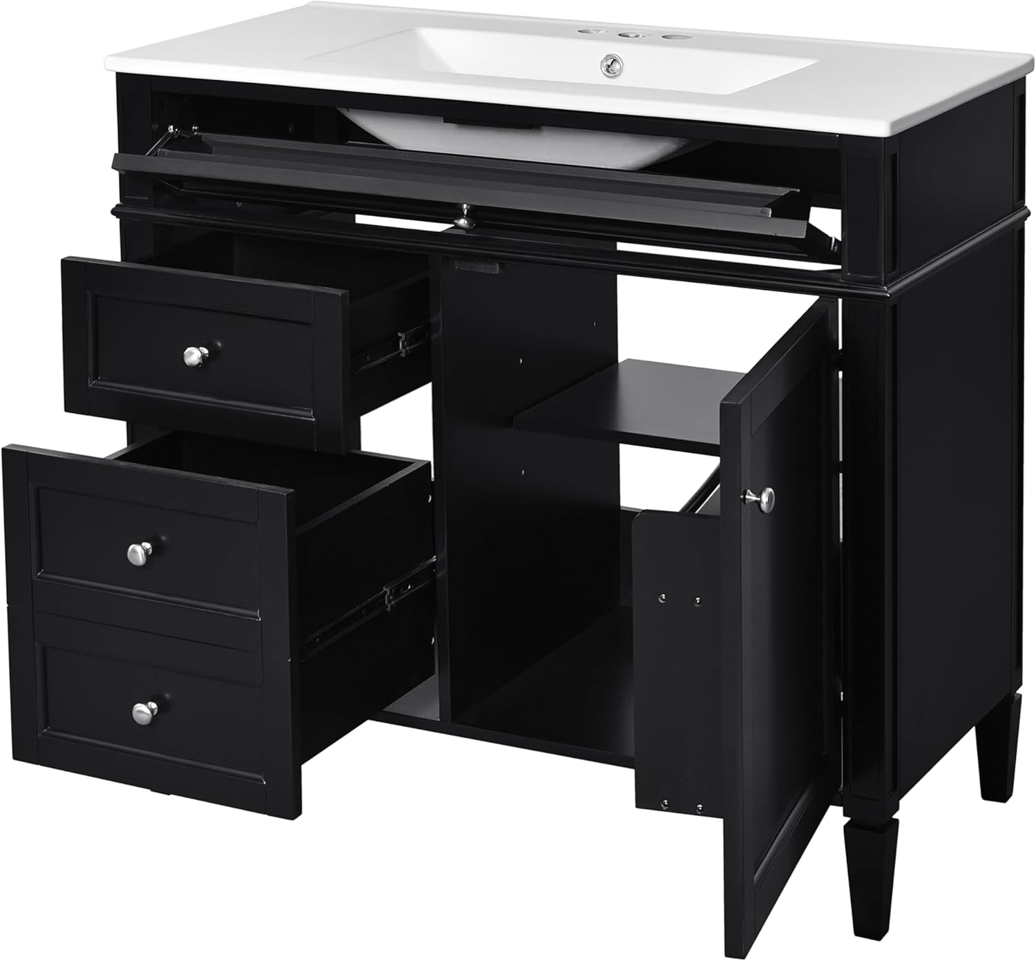 36 Inch Black Bathroom Vanity with Sink,Modern Bathroom Vanity Cabinet with 2 Drawers(Left Side) & Tip-Out Tray,Door Organizer & Adjustable Shelf,Soft Closing Door,Solid Wood Frame(Ceramic Sink)