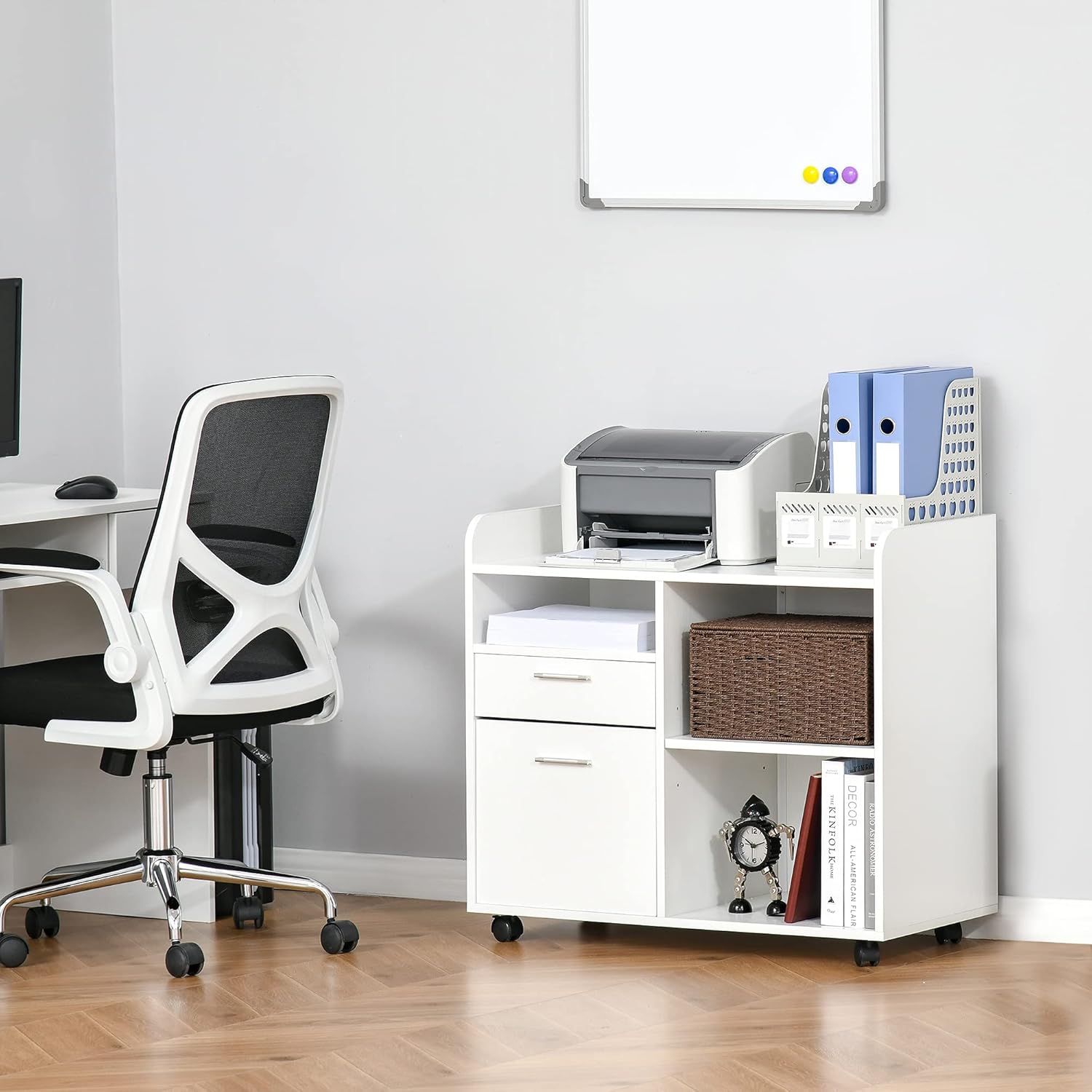 Vinsetto Filing Cabinet Printer Stand Mobile Lateral File Cabinet with 2 Drawers, 3 Open Storage Shelves for Home Office Organization, White : Office Products