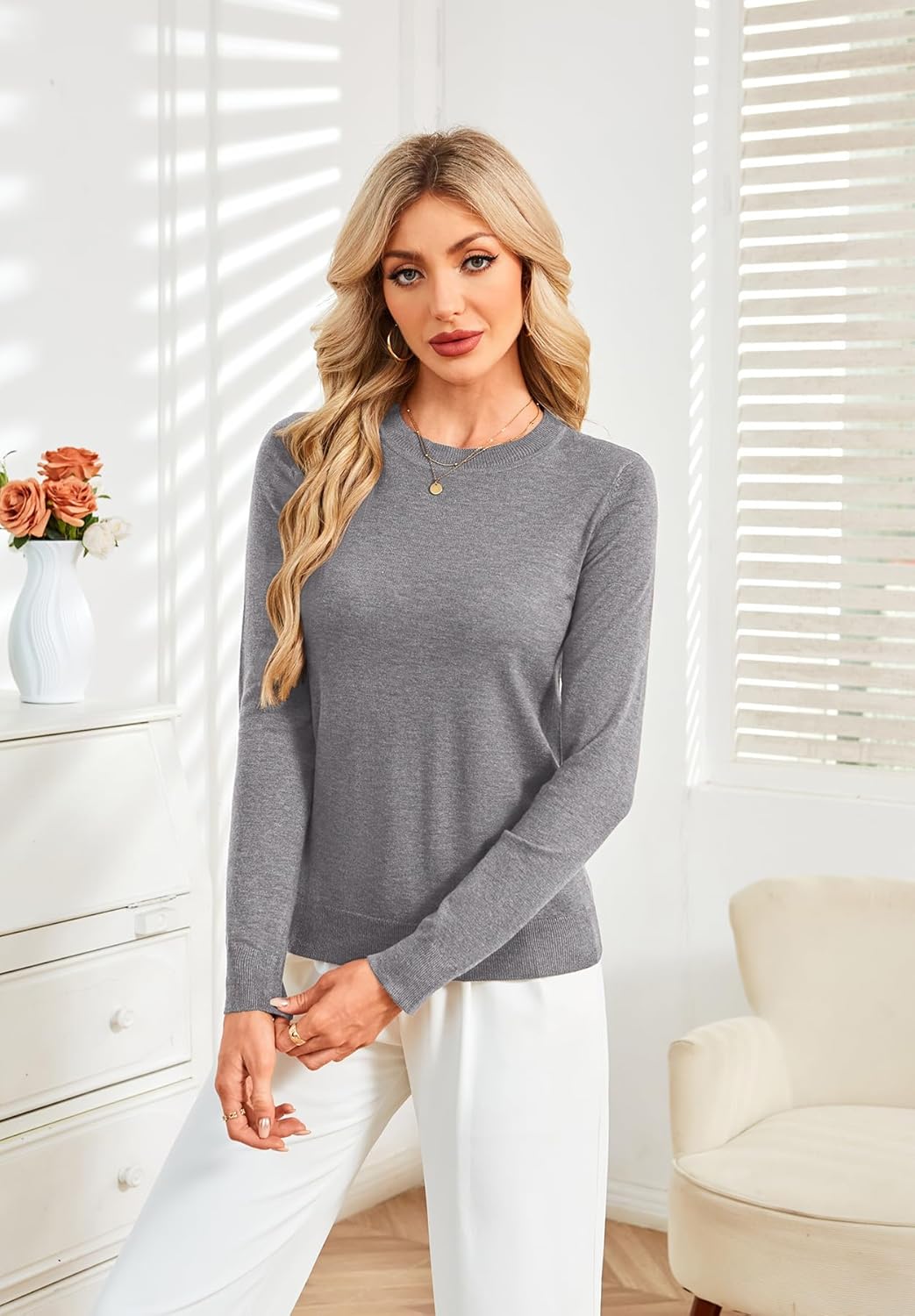 SimpleFun Womens Fall Sweaters Wool Blend Lightweight Long Sleeve Basic Crew Neck Pullover Sweater Tops Dressy Casual - Image 2