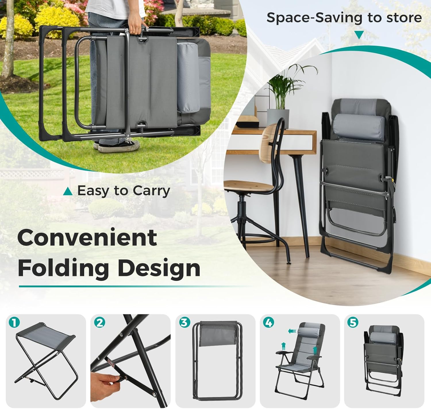 GYMAX Patio Chairs with Ottomans, Outdoor Recliner Set of 2 with 7-Level Backrest, Armrest, Detachable Headrest & Back Pocket, Padded Folding Camping Lounger for Lawn Balcony Backyard (2)