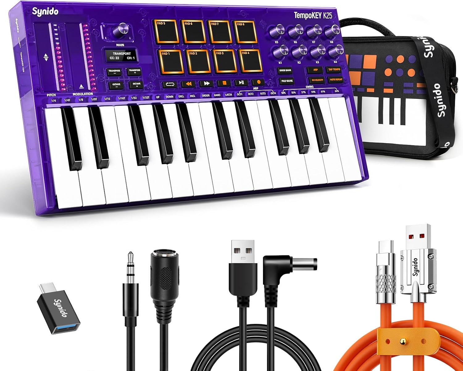 Synido 25 Key USB MIDI Keyboard Controller with Drum Pads and OLED Screen, TempoKEY K25, Purple
