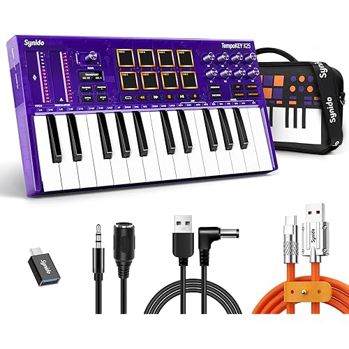 Synido 25 Key USB MIDI Keyboard Controller with Drum Pads, Professional Mini Midi Keyboard with OLED Screen, Beat Maker Machine for Music Production, Purple, TempoKEY K25