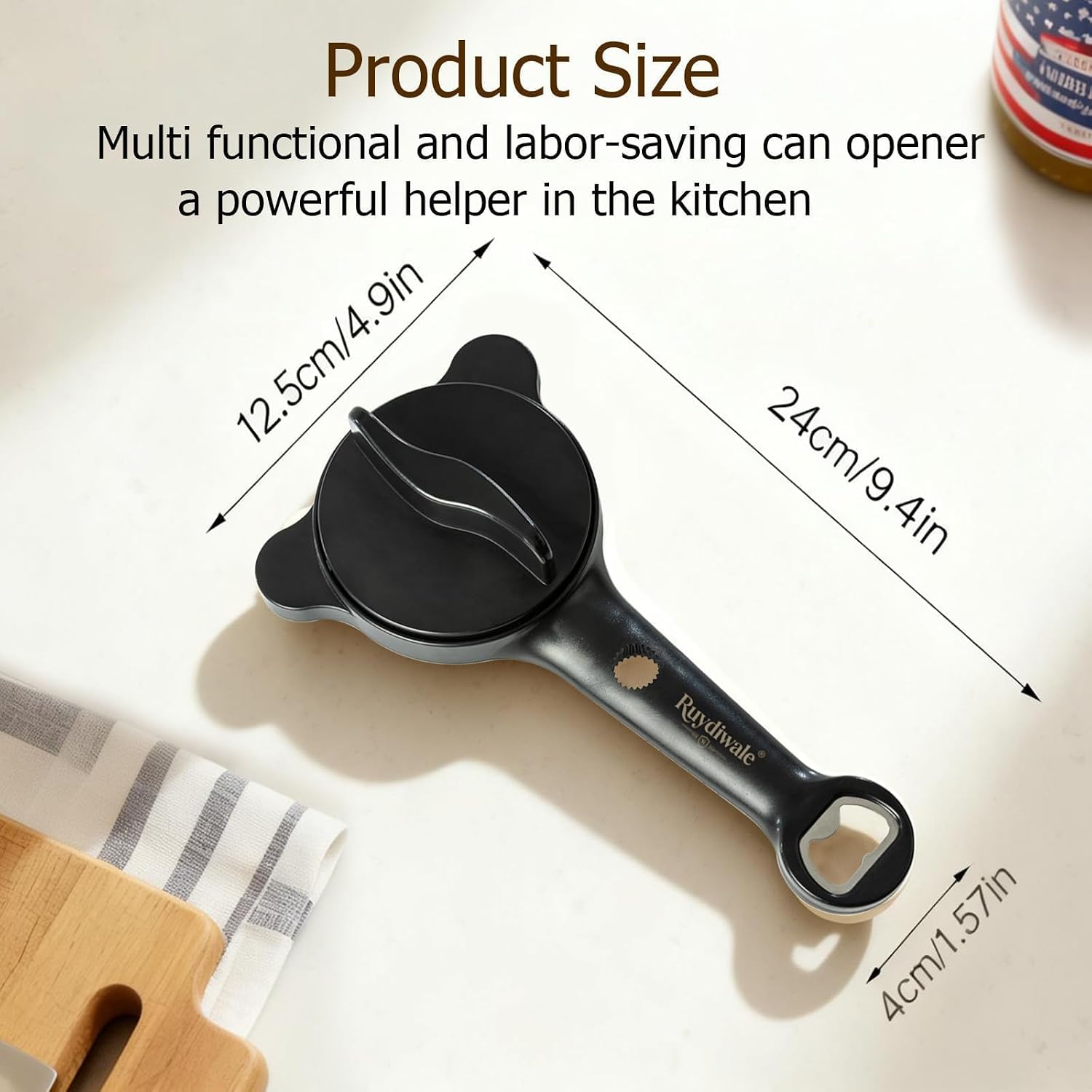 4-in-1 Jar Opener, Adjustable Jar Opener for Seniors, Kitchen Tool Designed Specifically for Seniors and Those with Limited Physical Strength, Suitable for Beer, Salad Dressing, Jar (Black)