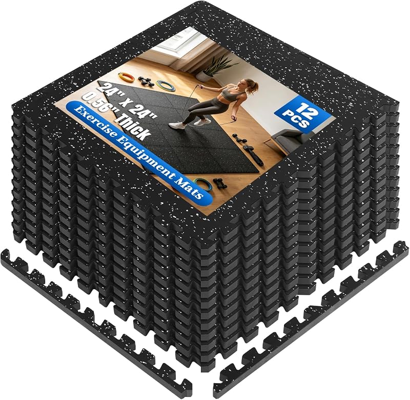 Tapetes de goma para piso de gimnasio de 0.56 "de espesor, 12 baldosas de 48 pies cuadrados, pisos resistentes | Tapete grueso para piso de equipo de ejercicio para gimnasio en casa, tapetes de goma para cinta de correr, levantamiento de pesas y área de entrenamiento, antideslizantes