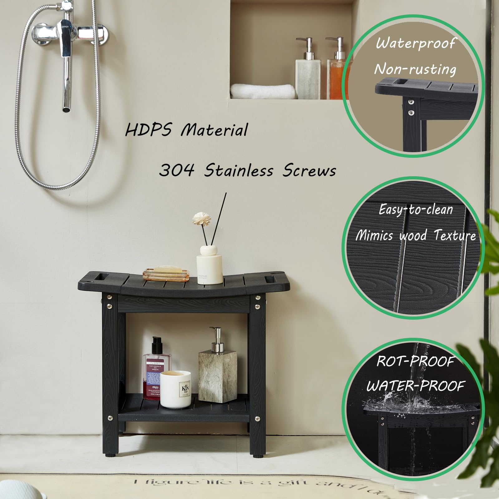 Banco de ducha, sillas de baño de ducha, taburete de spa para baño, asientos de ducha de madera de polietileno con soporte de cabezal de ducha. Bancos de ducha para ducha interior, taburetes
