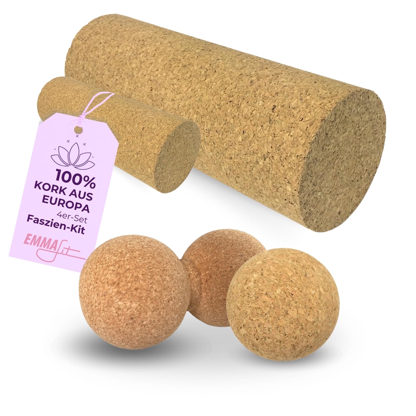 EMMAfit Kork Faszienset I Set aus 2x Faszienrolle + 1x Faszienball + 1x Twin-Ball I Set für Triggerpunkt-Massage & Faszientraining I hygienisch & umweltfreundlich I Selbstmassage-Set aus Kork
