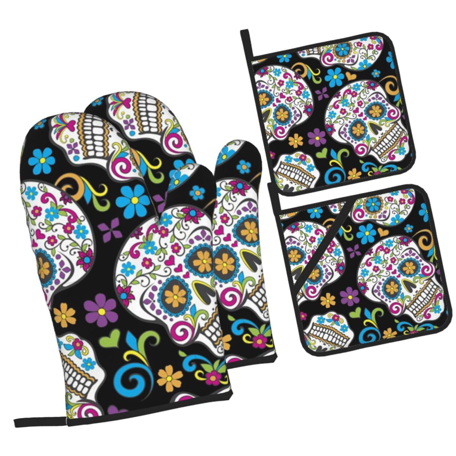 Sugar skull with flowers Printed Oven Mitts and Pot Holders Heat Resistant Set of 4 Pcs, Modern Kitchen Gloves & Potholders for Cooking Baking Grilling