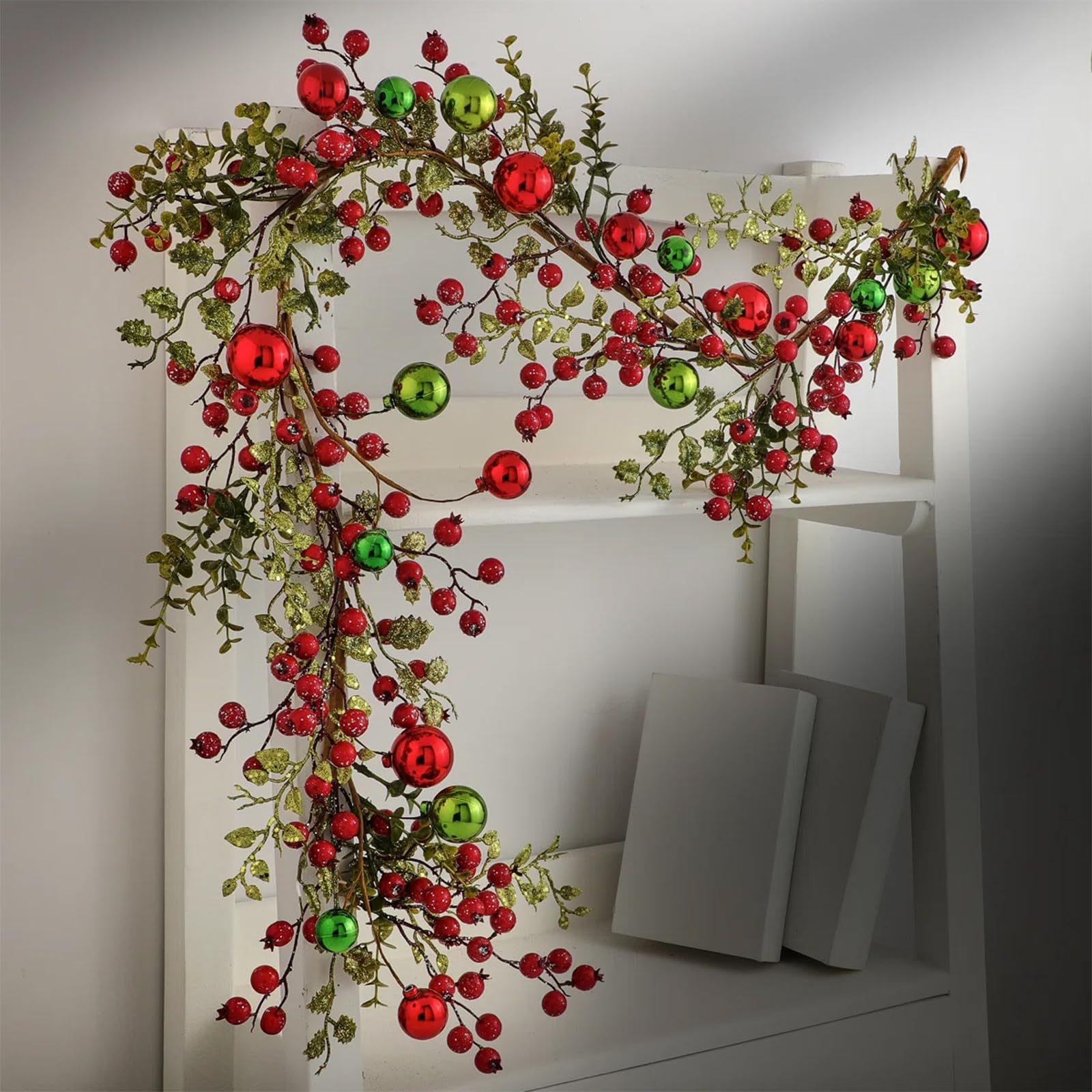 jutom 6 ft red and green bauble christmas garland with red berry holly eucalyptus leaves xmas balls garland hanging ornament for mantle fireplace table runner centerpiece holiday decorations(6 ft)