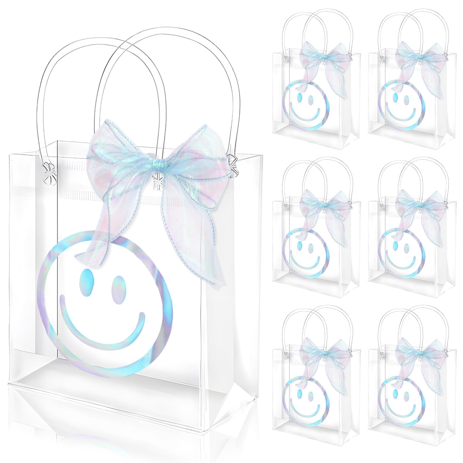 FYSUIMU 24 bolsas de regalo holográficas de PVC transparente con asa para regalo de fiesta con cara feliz con cinta para bodas, cumpleaños, baby shower