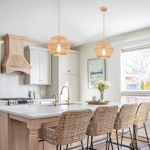 Miniatura 4 de VILUXY Lámpara colgante de ratán tejido, pantalla de jaula trabajada a mano, lámpara de cuerda de abaca natural, latón antiguo, acabado de pintura