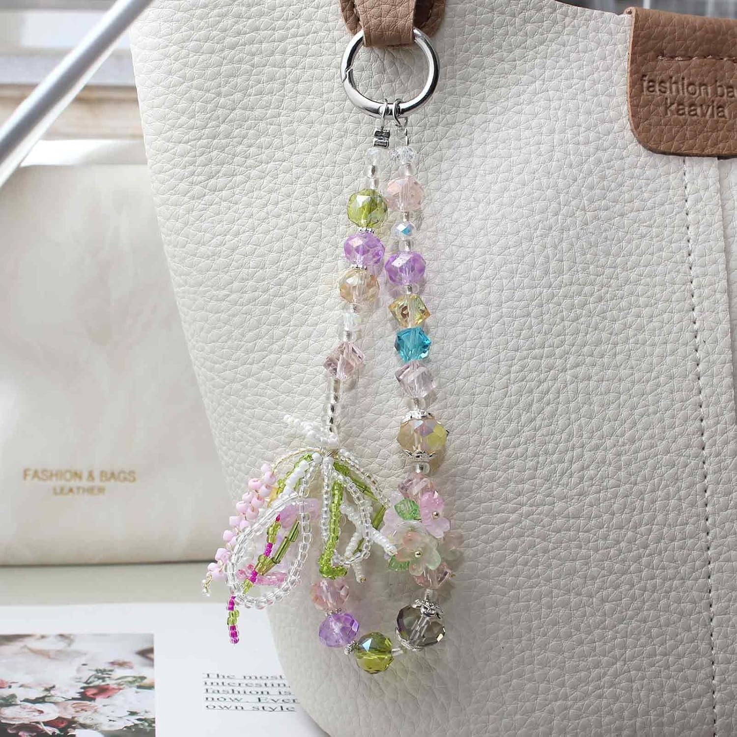 Phone Charm Wrist Strap with Diamond Inlay, Strawberry Bow & Crystal Flower Design for iPhone, Kindle, Camera, Pink Purple Green Key Wristlet, Lanyard for womens keychain wristlet - Image 6