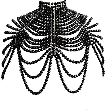 Pearl Body Chain Necklace for Women Pearl Body Chain Adjustable Pearl Bra Shoulder Jewelry Body Chain for Party Wedding Show Banquet Cosplay Dress Accessories,Black