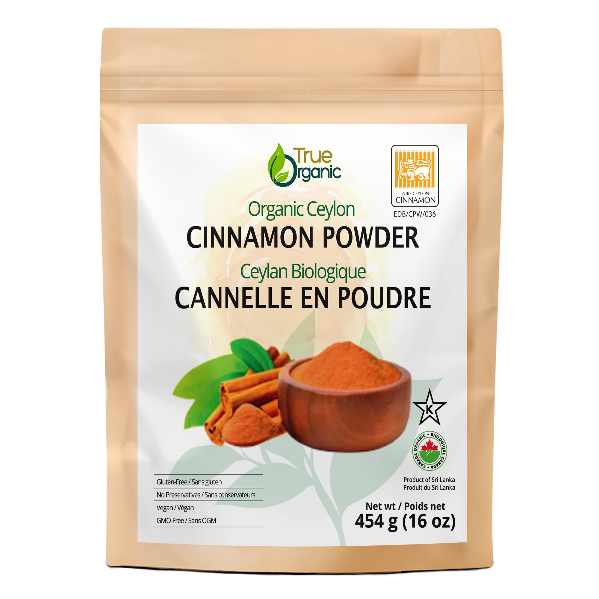 True Organic Pure Ceylon Cinnamon Powder, 1 lb, Premium Grade, Gluten Free, USDA & Kosher Certified, Non-GMO