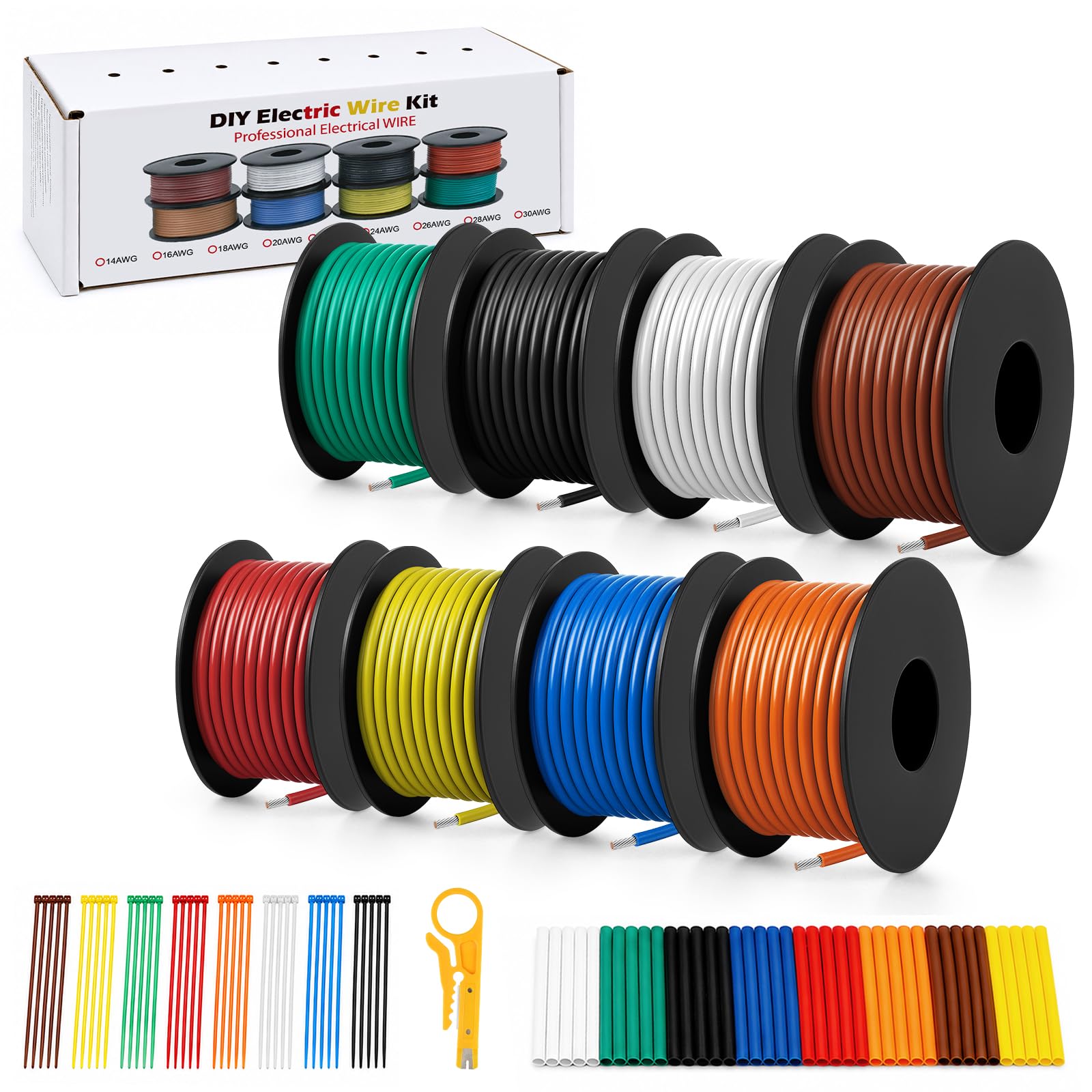 20 AWG 0.5mm² Silicone Wire Kit, 8 Colours Flexible Electrical Cable Set, 6.1m / 20ft Each Roll Stranded Tinned Copper Wire, 20 Gauge Hook Up Cable for LED Strip, RC, Automotive, DIY