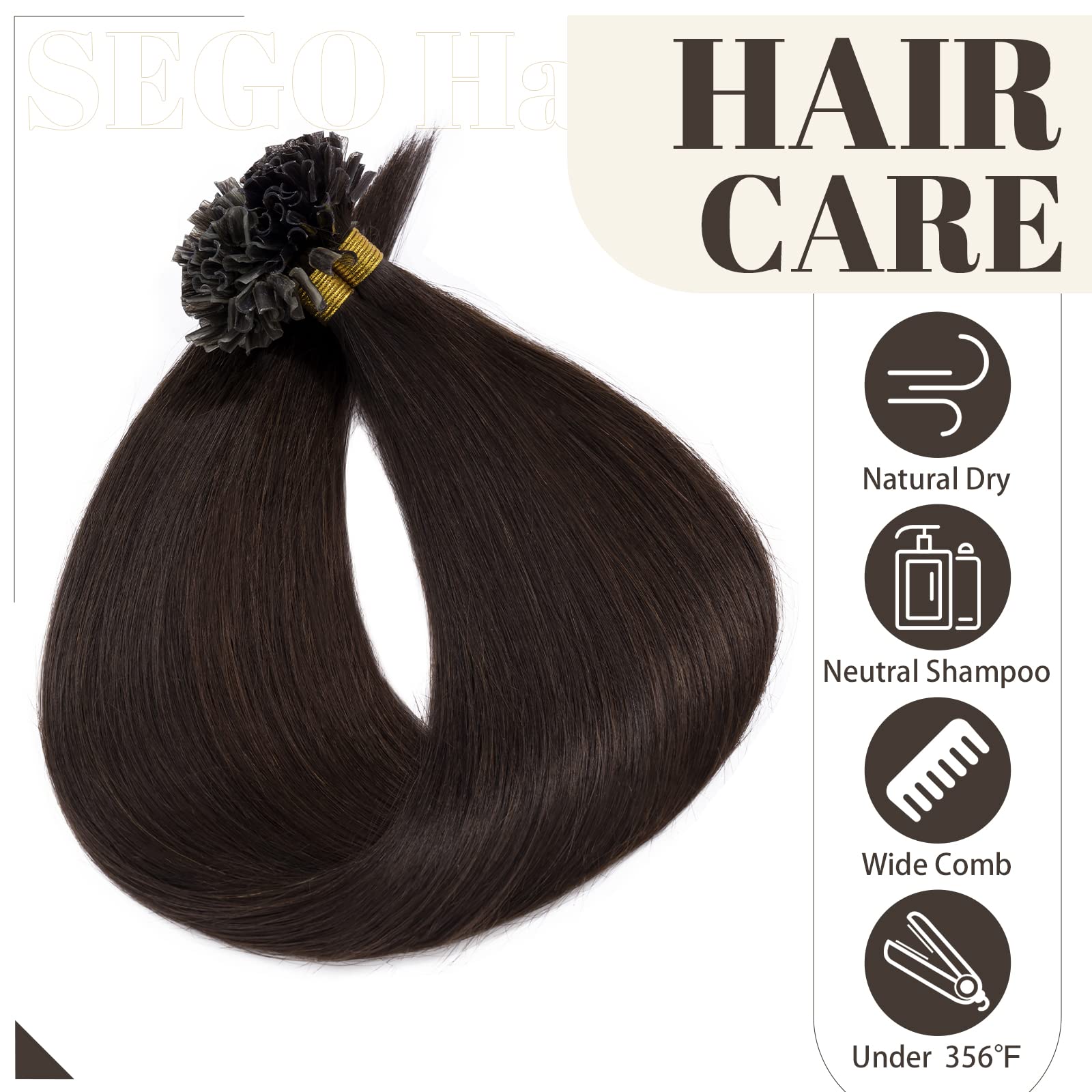 SEGO Extensions Echthaar Bondings Haarverlängerung Keratin U-Tip Human Hair 100 Strähnen Dunkelbraun#2 24"(61cm)-50g