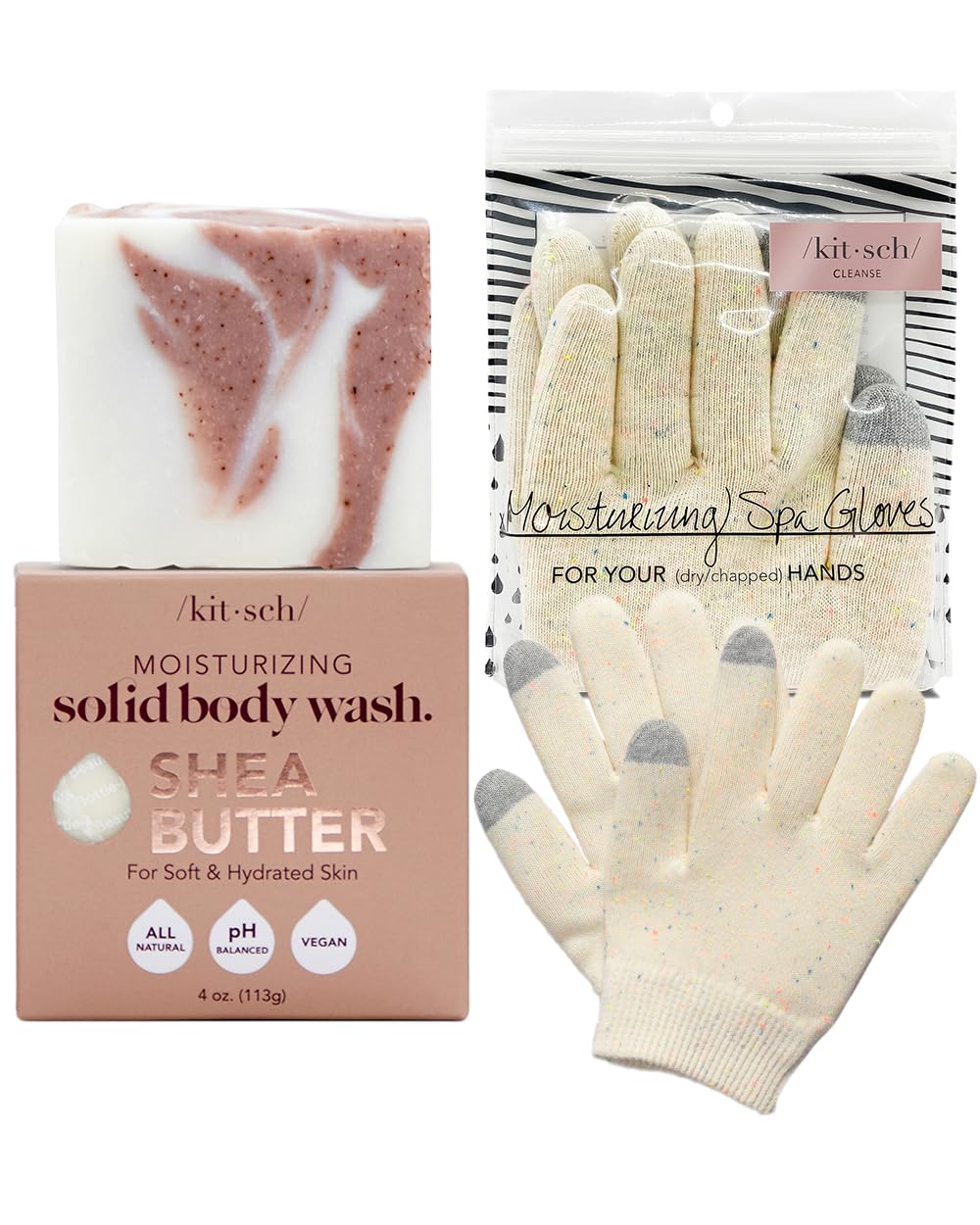 Kitsch Self-Care Kit | Hydrating Shea Butter Exfoliating Soap & Moisturizing Reusable Gloves for Dry Hands | Relaxing Spa Gift Set for Women and Moms | Ideal for Relaxation and Pampering at Home