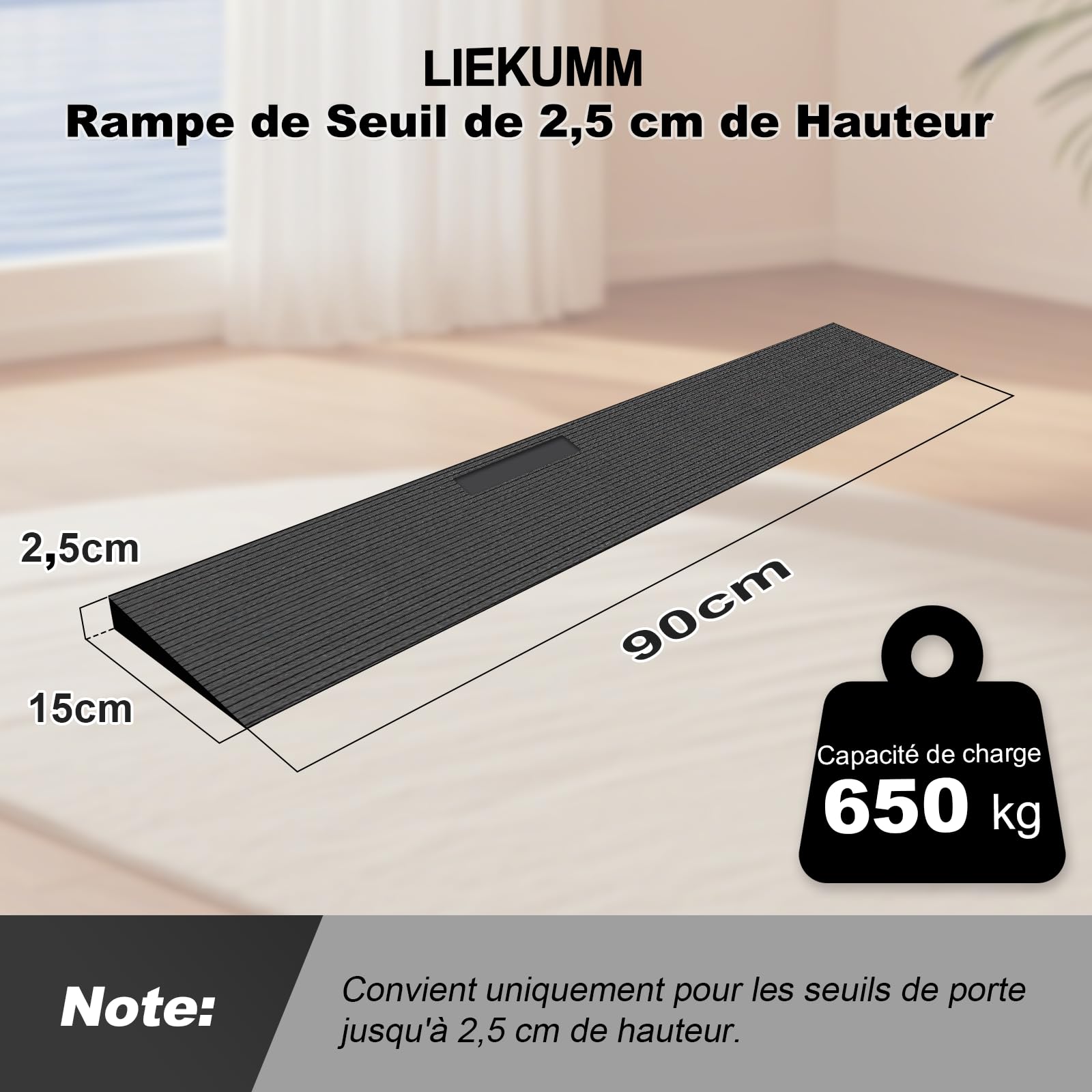 LIEKUMM Rampe de Seuil, 2,5 cm Rampe en Caoutchouc pour Fauteuil Roulant, 650kg, Surface antidérapante pour Portes de Fauteuil Roulant et salles de Bain