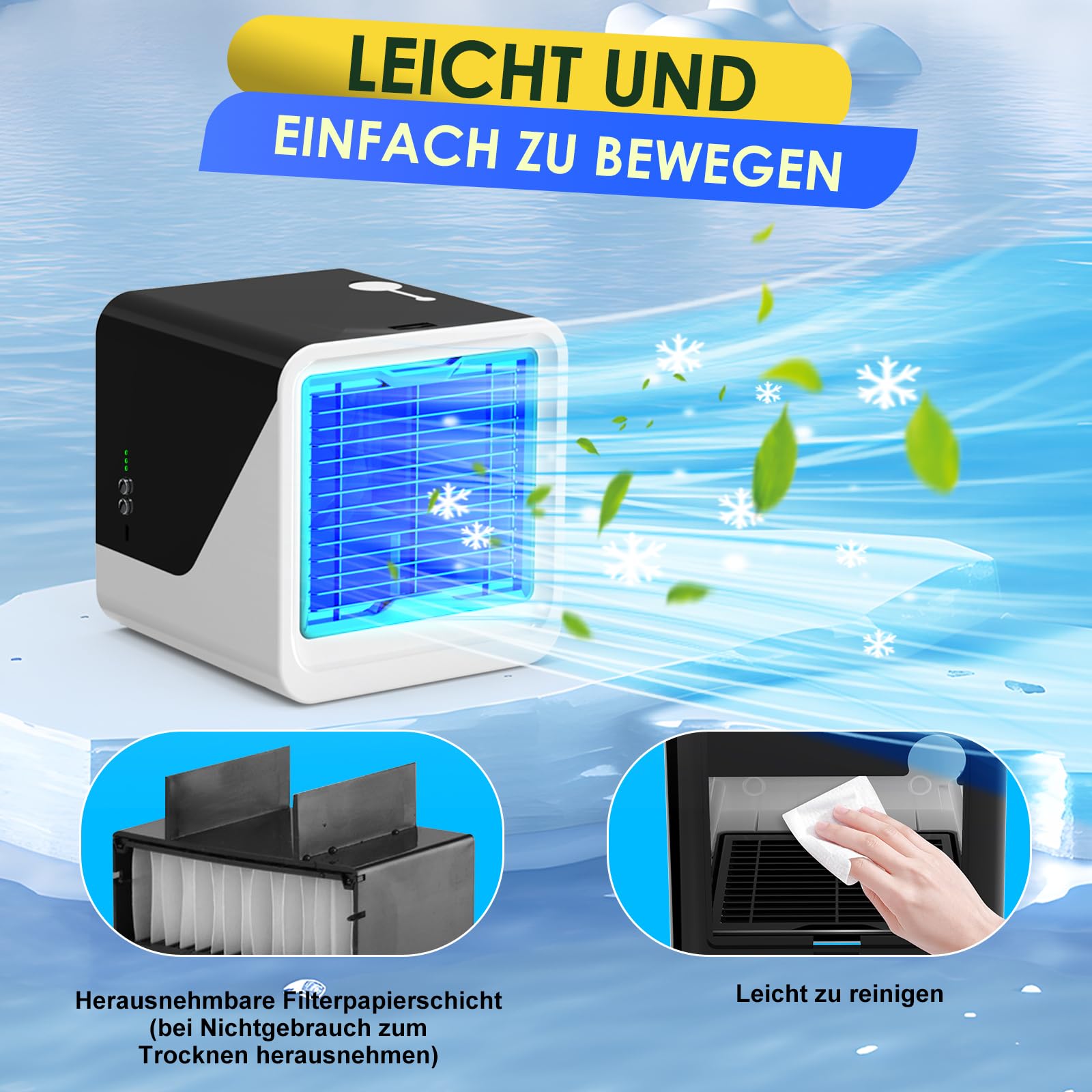 Climatiseur Mobile 3 en 1, Rafraîchisseur d’Air Silencieux avec Réservoir 500ML, USB Ventilateur Portable par Eau, 3 Vitesses, Lumière LED 7 Couleurs, sans évacuation, pour Chambre, Bureau