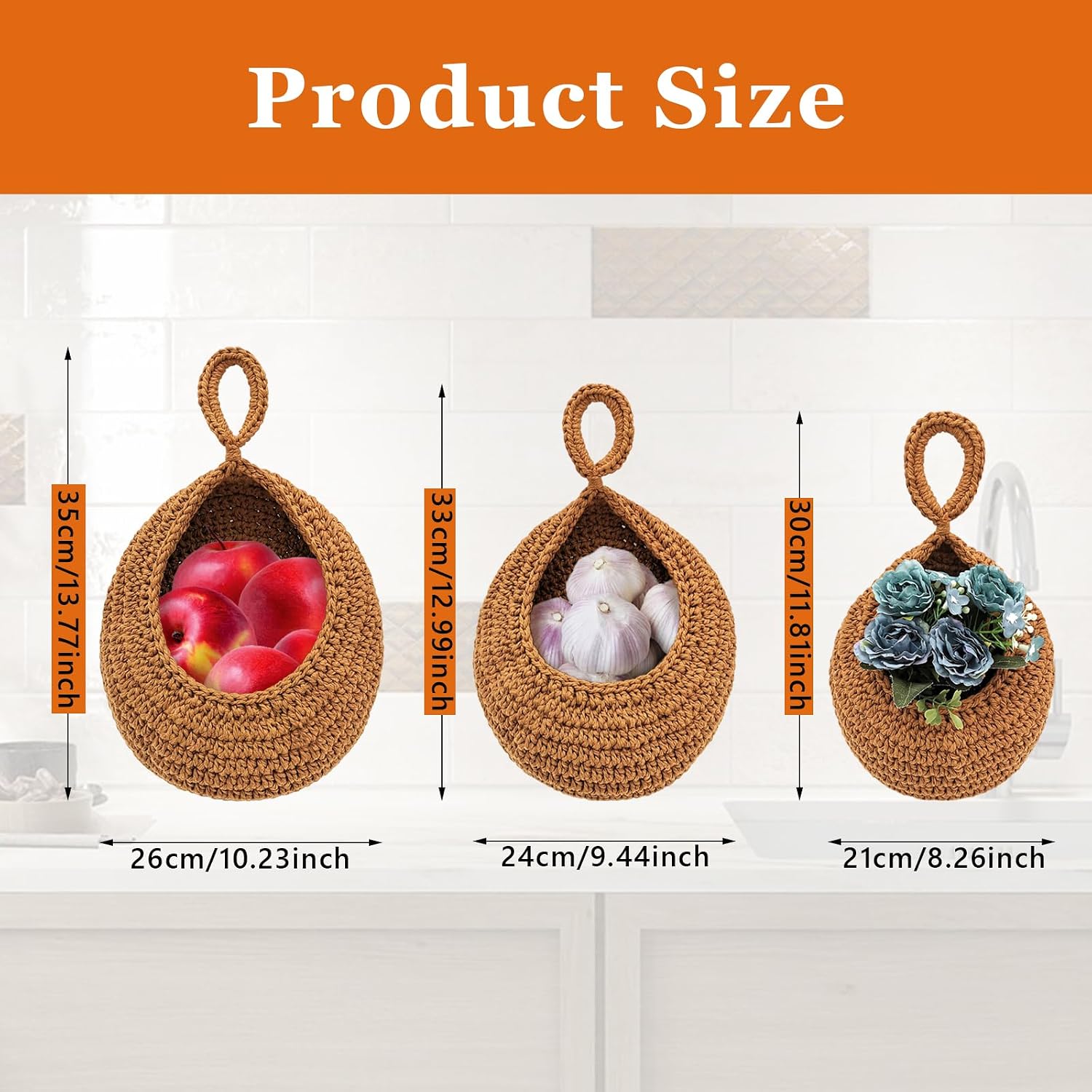 Teardrop Hanging Baskets for Kitchen, Jute Hanging Fruit Baskets Boho Wall Hanging Storage Jute Basket Handwoven Pantry Baskets for Fruit, Vegetable, Potato,Onion, Plante, Set of 3 Sizes (S M L)