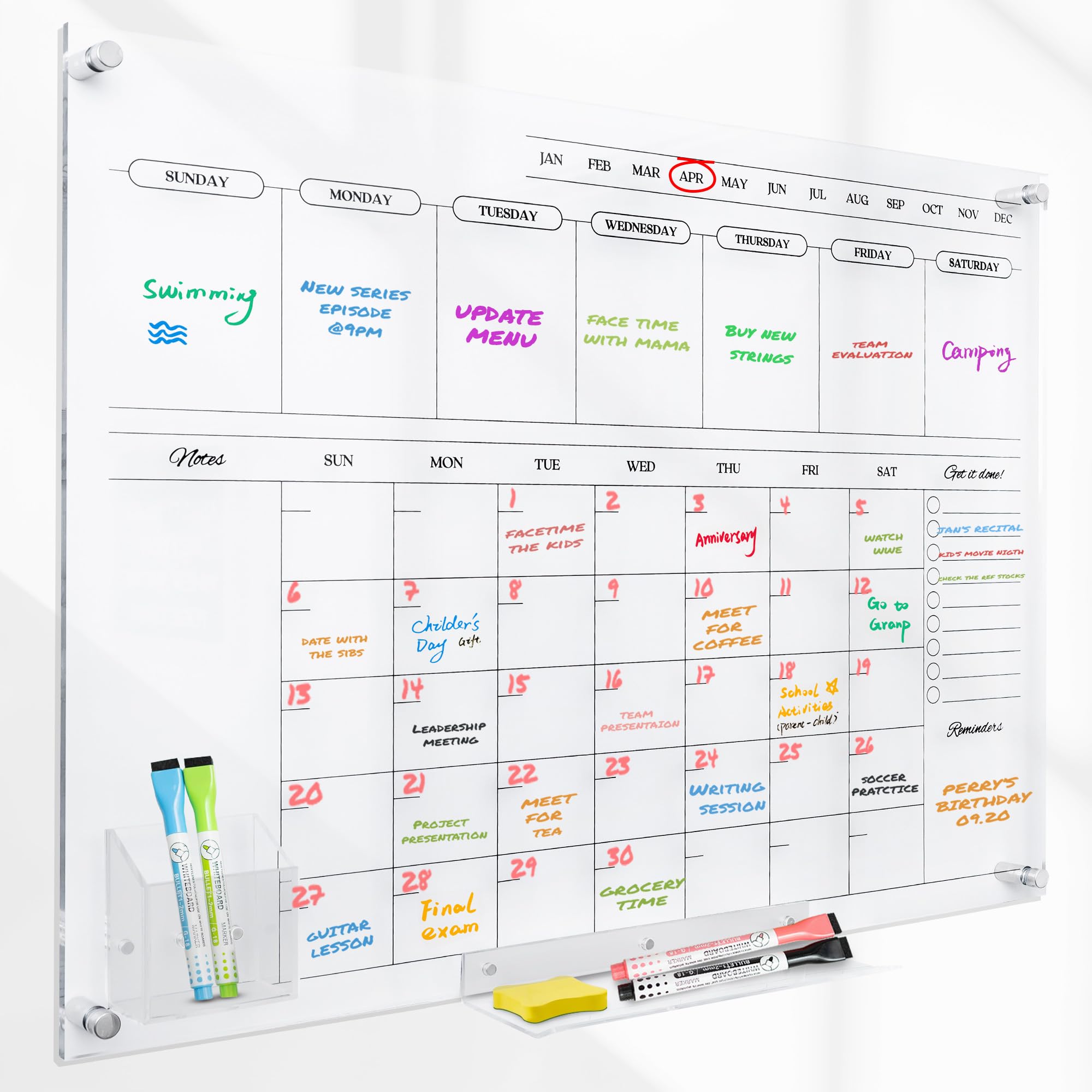 Acrylic Calendar for Wall - 24x18” Wall Calendar, Dry Erase Calender, Clear Calendar for Wall, Includes Magnetic Pen, Tray Holders, 4 Markers and 1