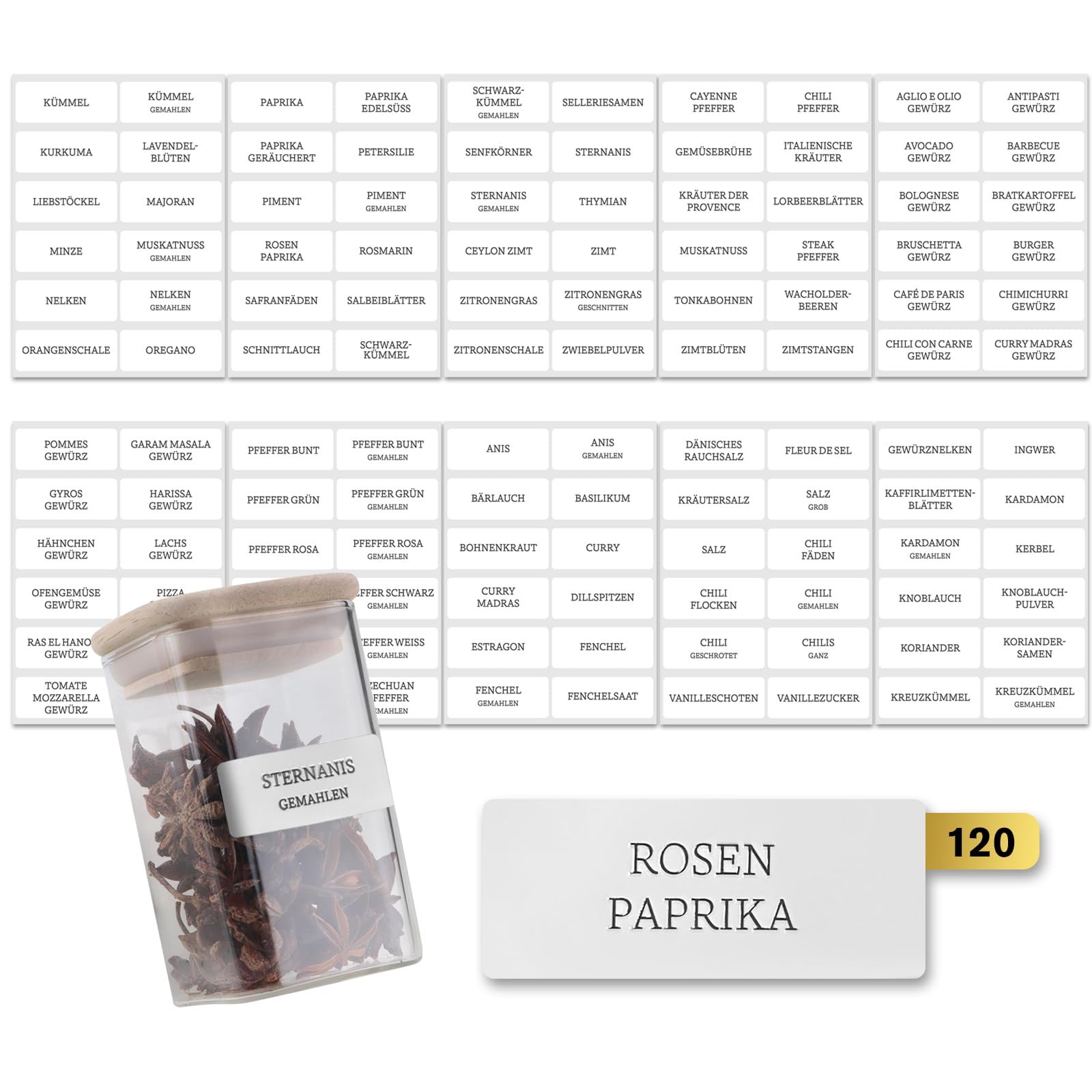 Gewürzetiketten Selbstklebend – 120 Sticker für Gewürzgläser & Gewürzdosen - Wasserfeste Gewürzaufkleber - Spice Jar Label - Beschriftete Etiketten für Küchenorganisation