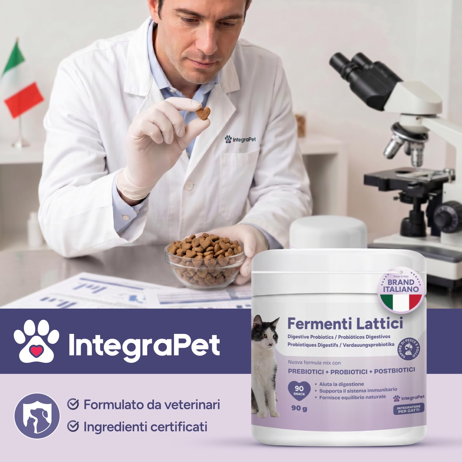 Integrapet Probiotici per Gatti con Fermenti Lattici Gatti – Probiotici Prebiotici Digestivi, 90 Snack Naturali Gusto Pollo per Regolarità Intestinale e Difese