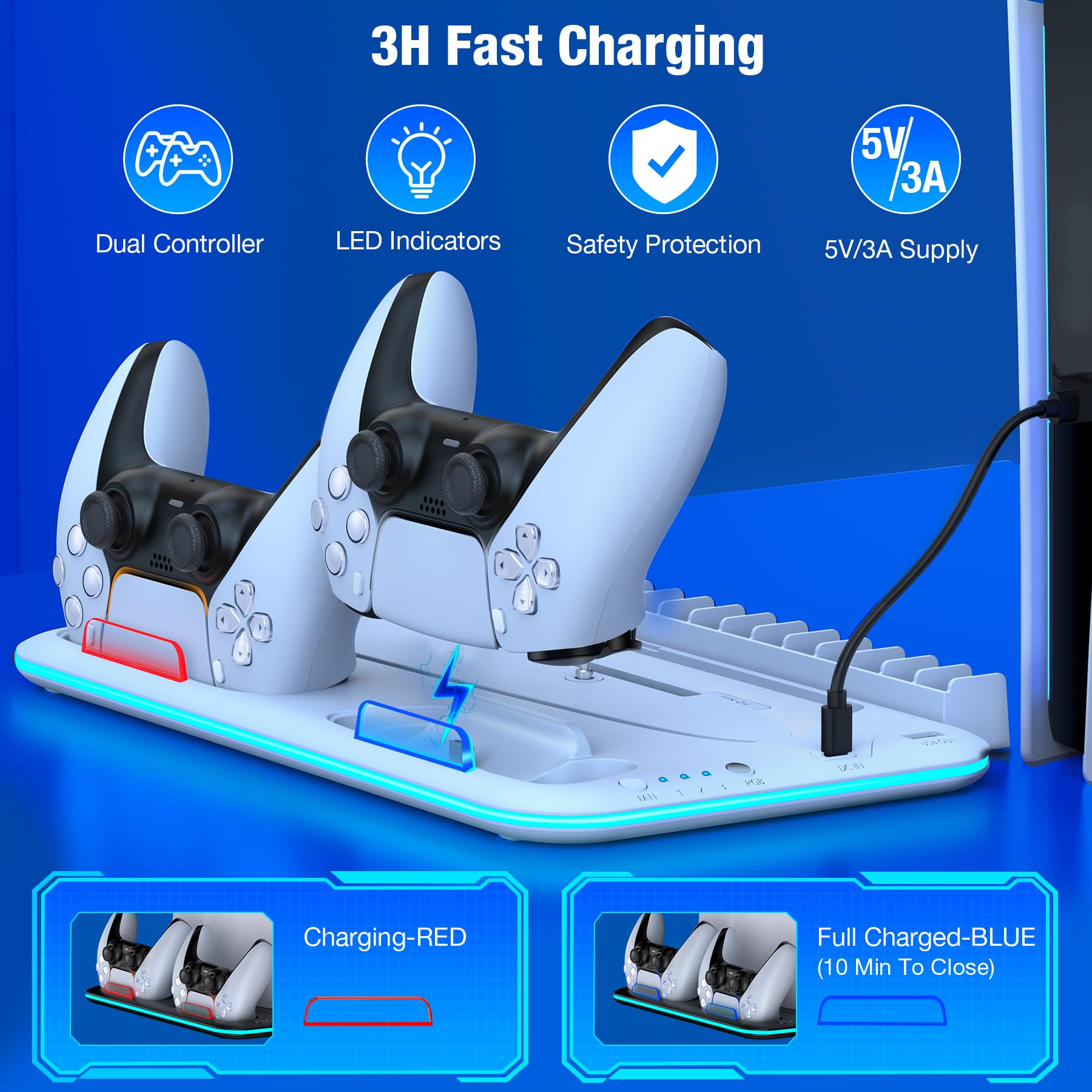 Supporto PS5, sottile supporto PS5 con stazione di raffreddamento e stazione di ricarica per console PS5 Slim Disc/Digital, accessori PS5, ventola di raffreddamento, LED RGB, supporto per cuffie, slot
