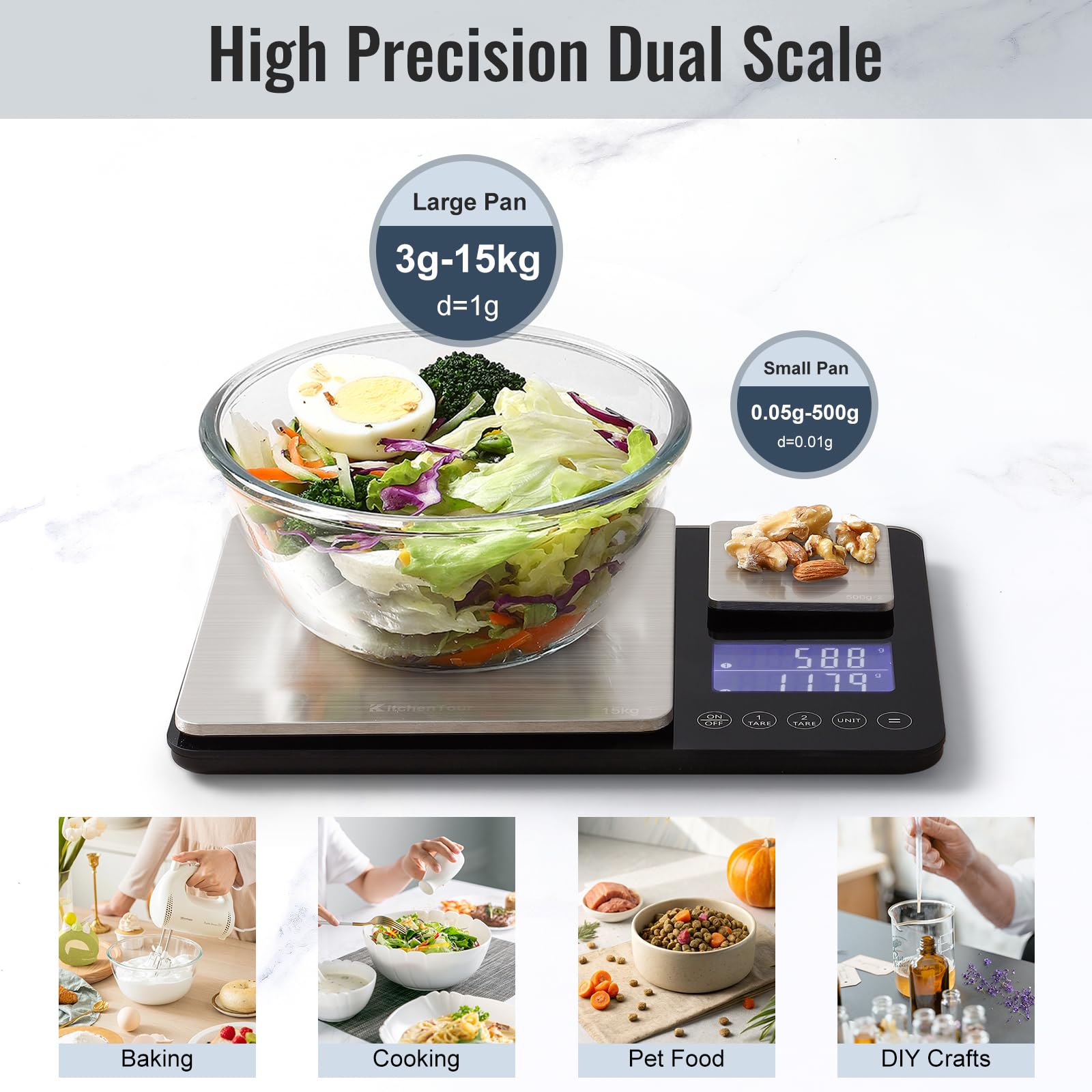KitchenTour Balance de Cuisine Numérique Double Plateforme avec Fonction Poids Total 500g/0.1g & 15kg/1g Précision pour Cuisson et Pâtisserie Noir