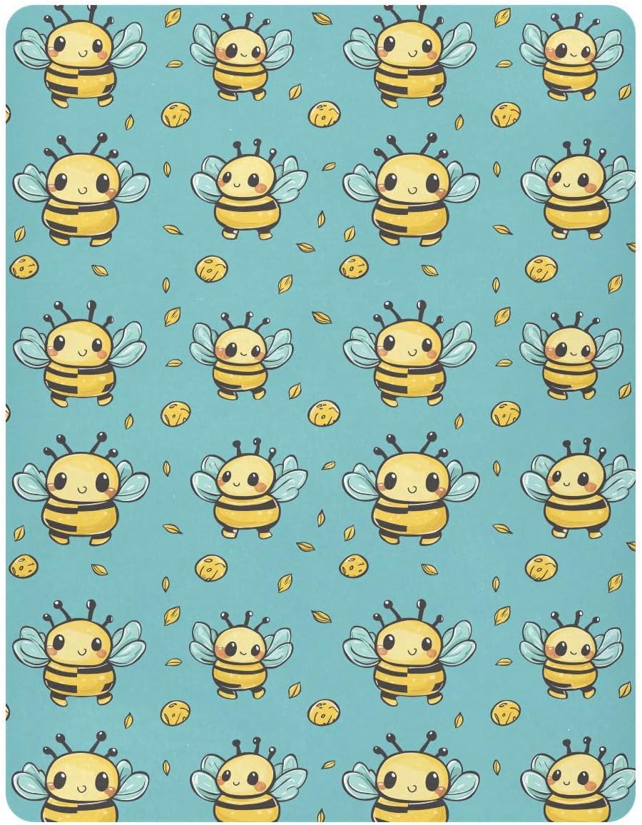 Cartoon Bee Holding Honey Pot Fitted Crib Sheets Stretchy Portable Playard Sheets for Baby Toddler, Breathable Soft Mini Crib Mattress 52 x 28 in for Boys and Girls