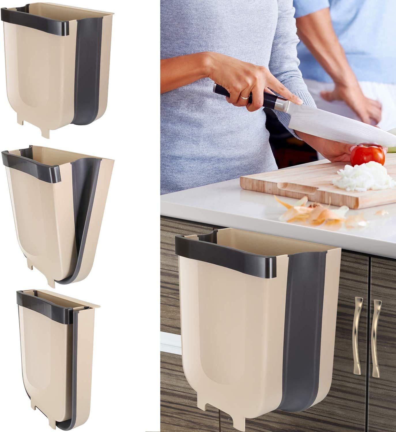 ECVV Hanging Trash Can Cabinet Door,Collapsible Small Garbage Can for Kitchen,Foldable Compost Bin for Kitchen Cabinet Door|Car|Office|Bedroom|Bathroom|RV Traveling | Brown