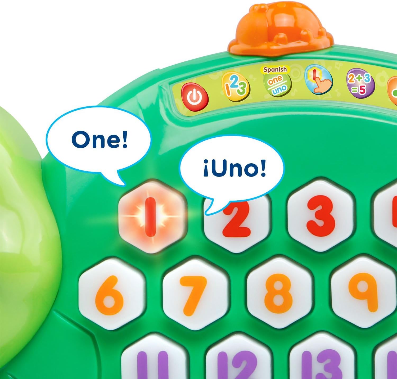 Close-up of the VTech Count and Learn Turtle's number buttons, with some lit up and a speech bubble saying 'Wonderful!'.