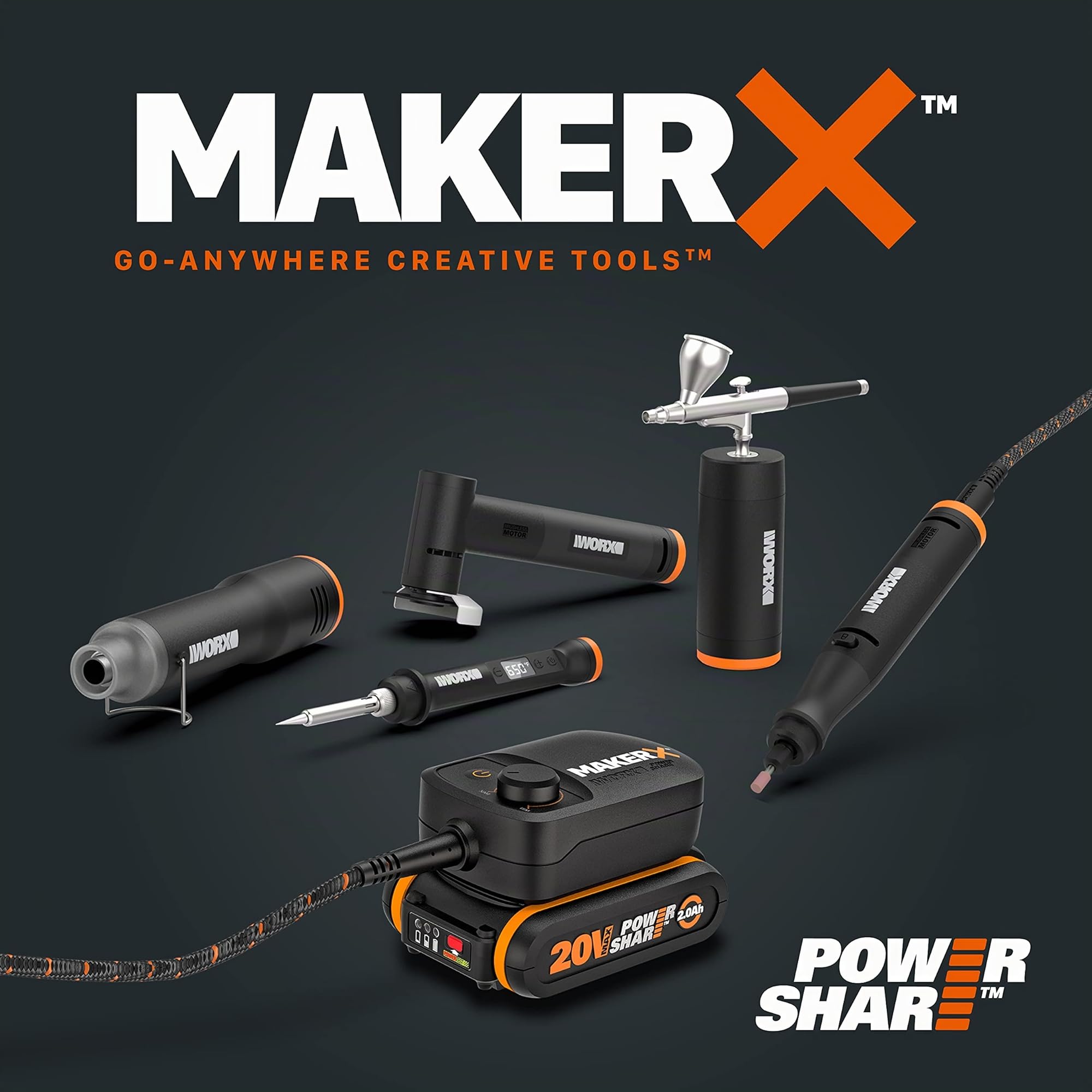 WORX 18V(20V MAX) Adattatore MakerX HubX WA7161, PowerShare, Controllo Velocità Variabile, Porta USB, Gancio per Cintura, Alimenta Tutti gli Utensili MakerX