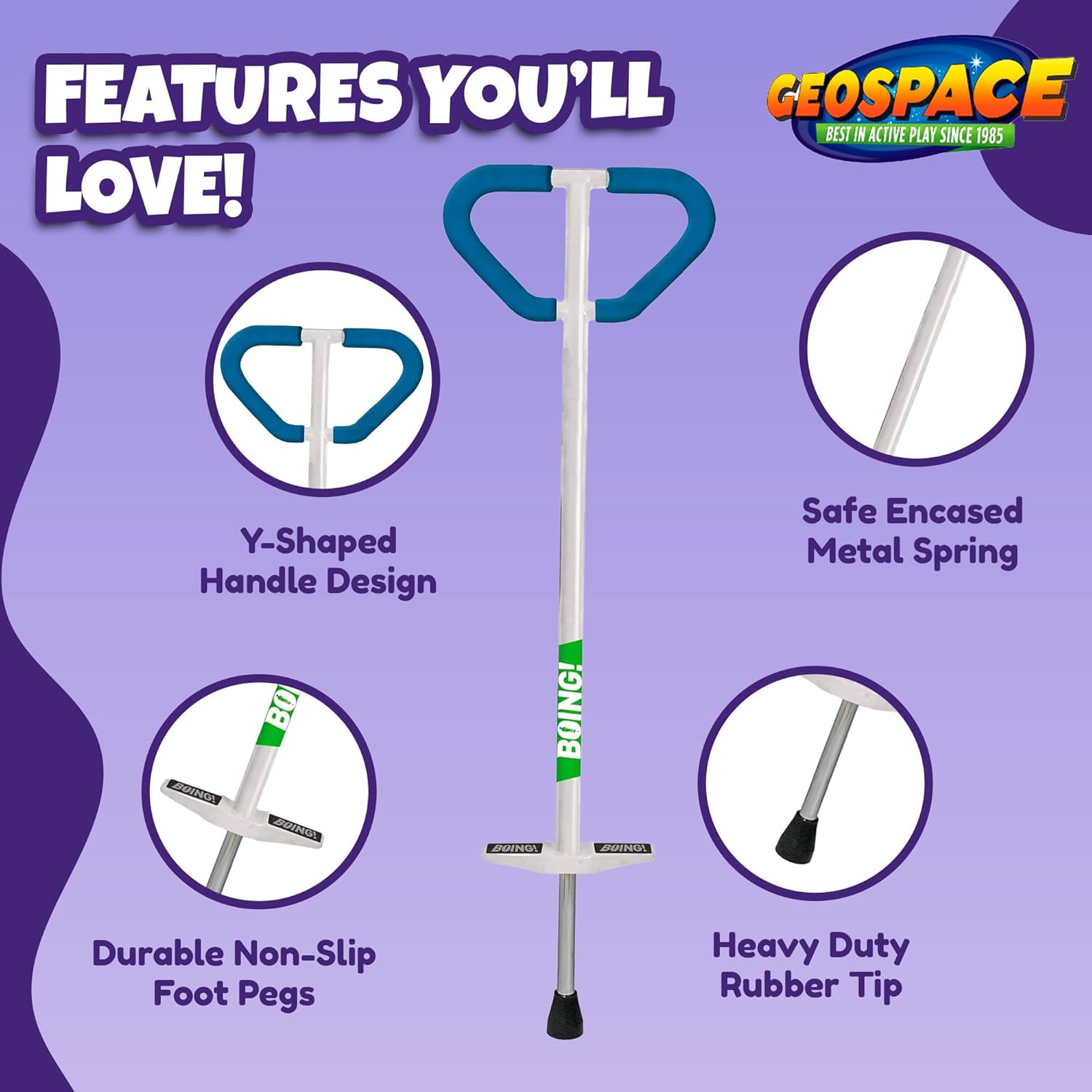 Geospace Jumparoo Boing! 'MAX' Large POGO Stick for Kids, Teens or Riders 90-160 lbs - Excellent Outdoor Active Play Toy - Improves Balance, Coordination as Well Exercise & Fitness (White)