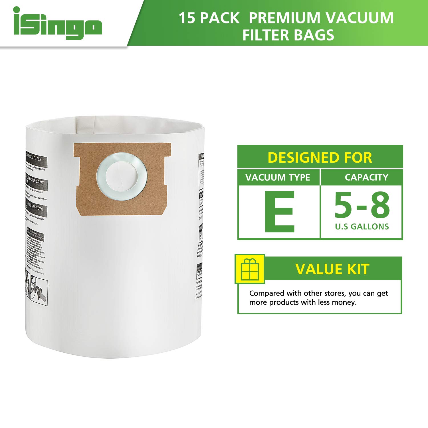15-Pack High Efficiency Dry Vacuum Bags – Fits 5-8 Gallon Shop Vacs