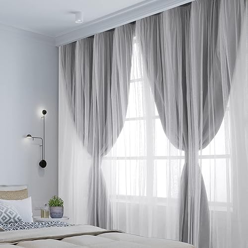 Miniatura 8 de HOMEIDEAS Cortinas opacas de doble capa gris claro de 84 pulgadas de largo, 2 paneles de cortinas para habitación de niñas y niños, cortinas opacas