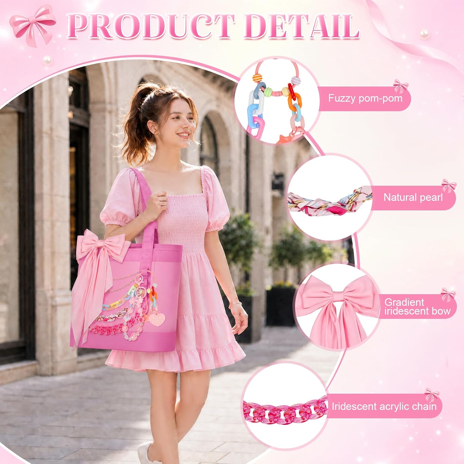 7-Piece Tote Bag Charm Set, Pink and White, Bow, Chain and Keychain Accessories, Compatible with Camino 20/35/50Carryall y bolsas de Playa, Beach Totes and Everyday Carryall Bags (Pink) image 4