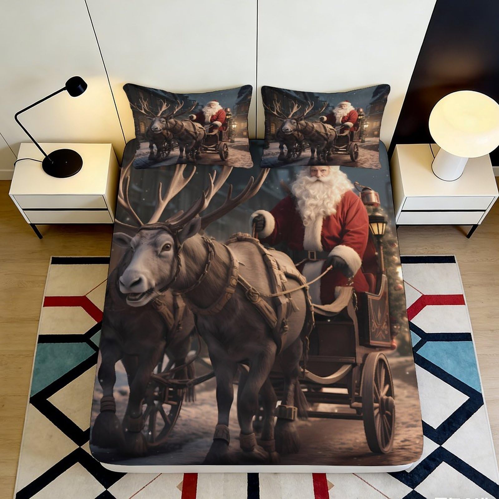 3D Printed Santa Sleigh Fitted Sheet Microfiber Festive Reindeer Bed Cover for Bedroom Guest Room Christmas Decor 140x200x25cm