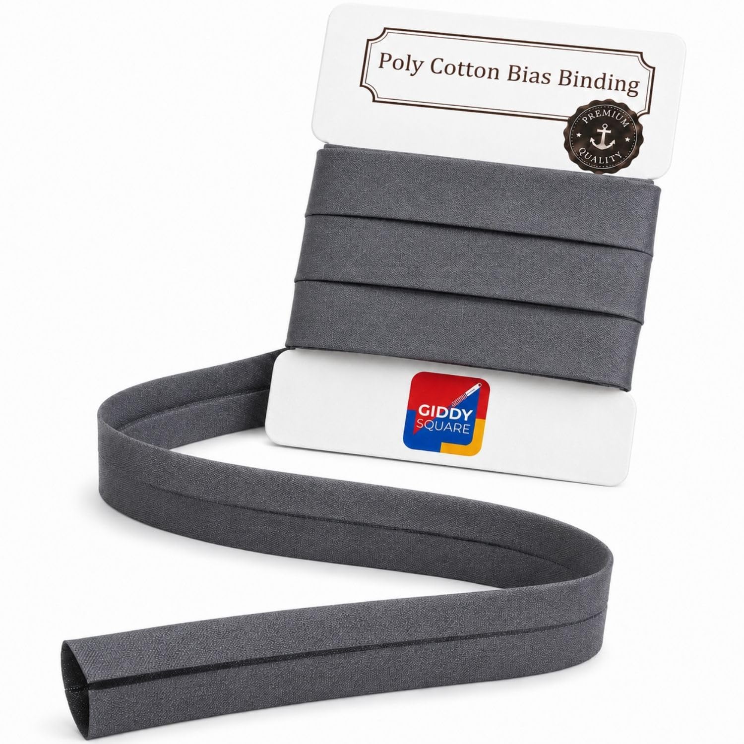 Dark Grey Bias Binding Tape 25mm 1 Inch 5 Metres - Pre-Folded Single-Fold Poly Cotton Bias Binding for Sewing, Quilting & Dressmaking - Machine Washable - Giddy Square — image 1