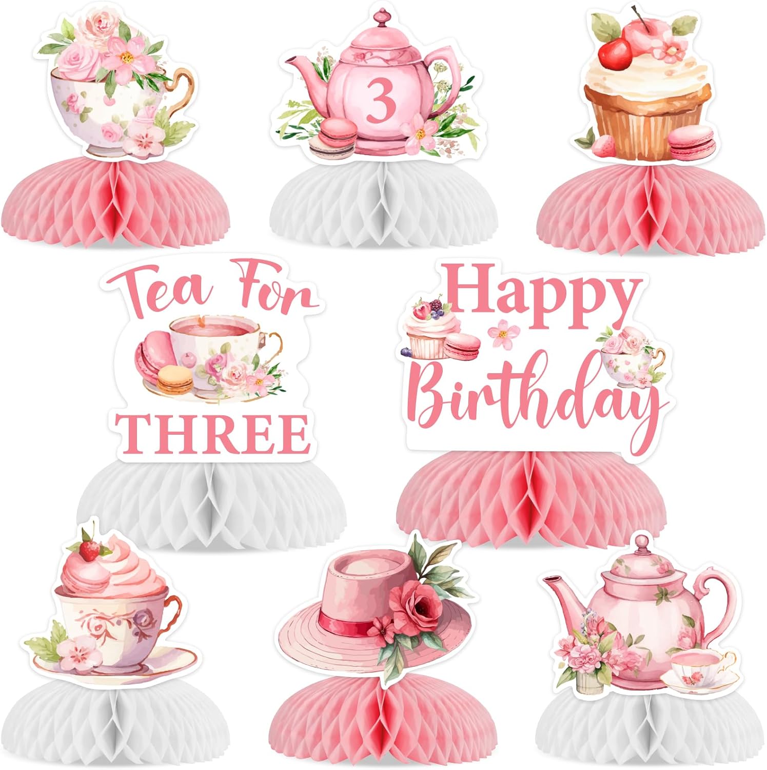 Cheereveal 8 Pieces Tea 3rd Birthday Decoration, Tea for Three Honeycomb Centerpieces, Spring Vintage Floral Teapot Theme Third Bday Baby Shower Party Supplies