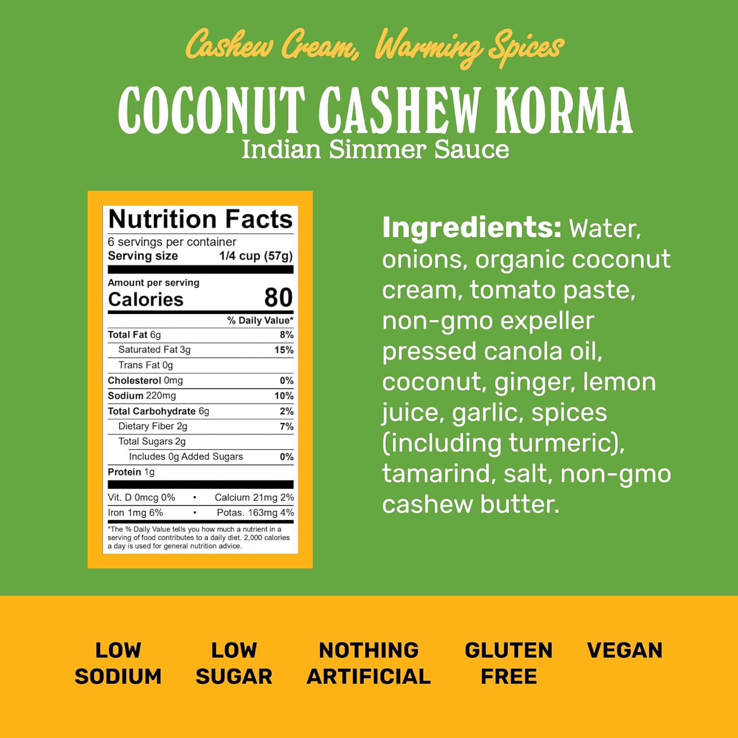 Brooklyn Delhi - Coconut Cashew Korma - Indian Simmer Sauce with Cashew Cream and Warming Spices - Mild Enough for a Kid, Flavorful for a Foodie - Vegan, Nothing Artificial - 12oz