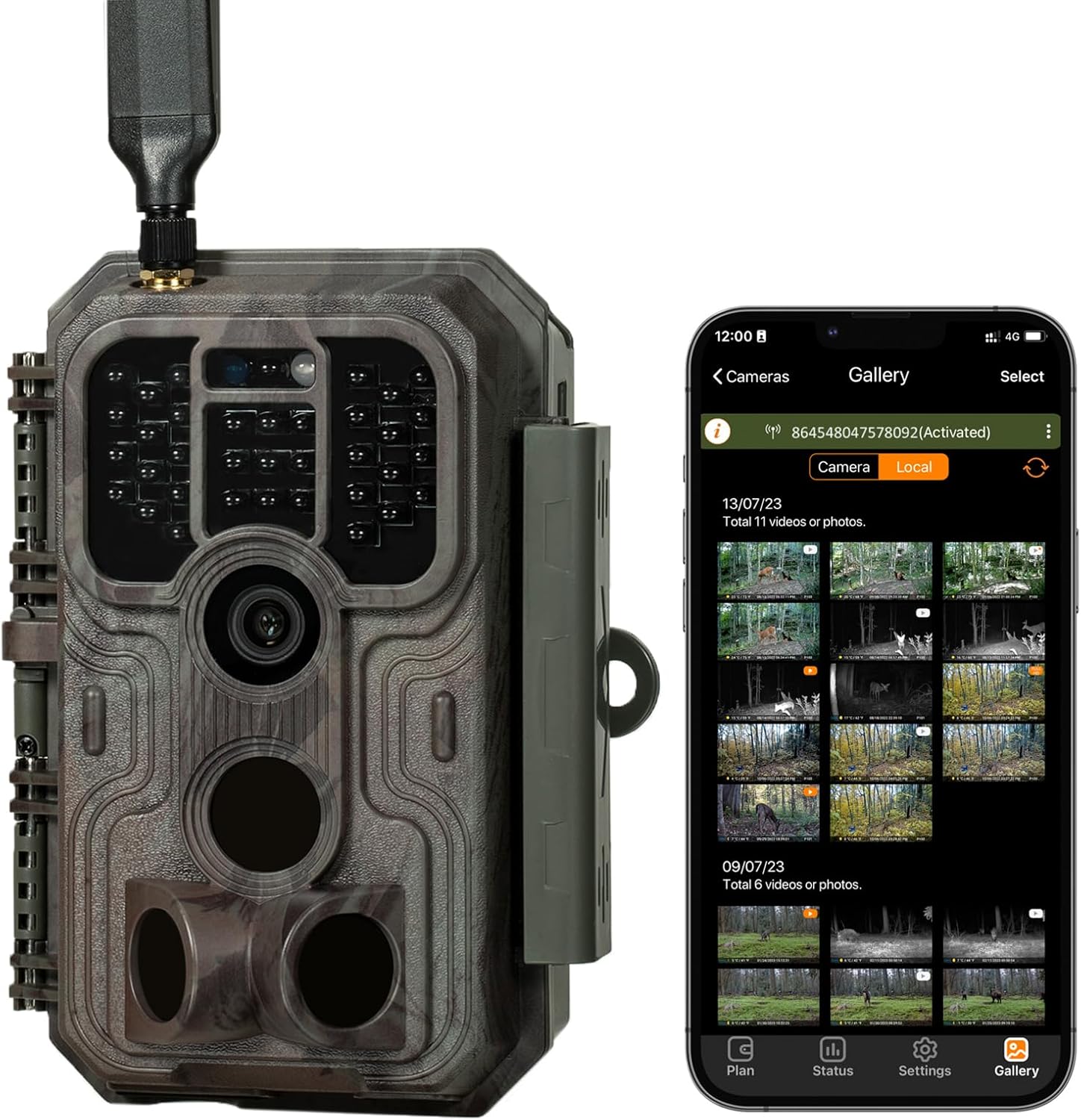 Meidase S950 Cellular Trail Camera with antenna and a smartphone displaying the camera app gallery.