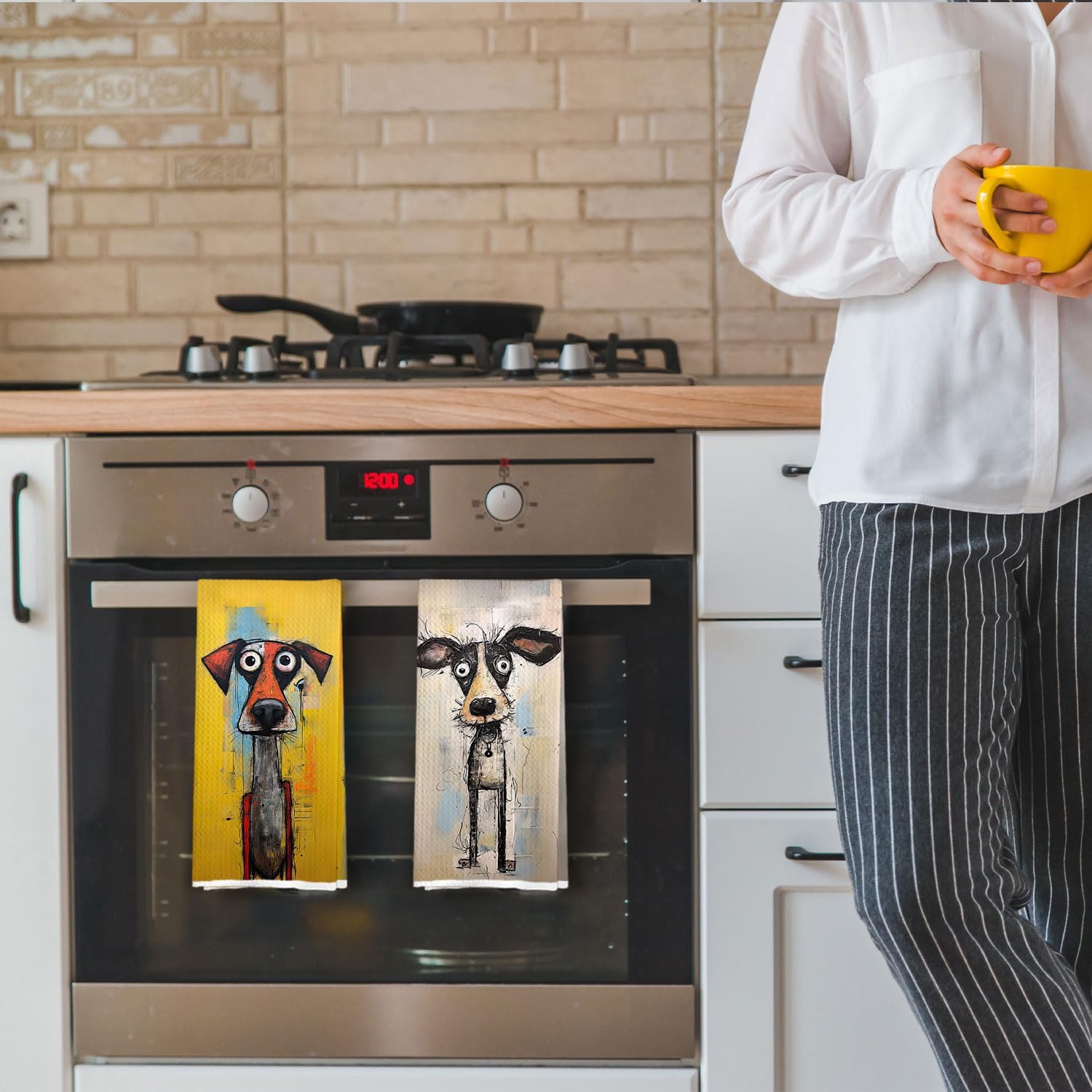 Whimsical Dog Kitchen Towels Set - Funny Dog Waffle Decorative Dish Towels, Whimsical Puppy Hand Towel, Abstract Puppy Tea Towel, 16x24 Inch - Image 4