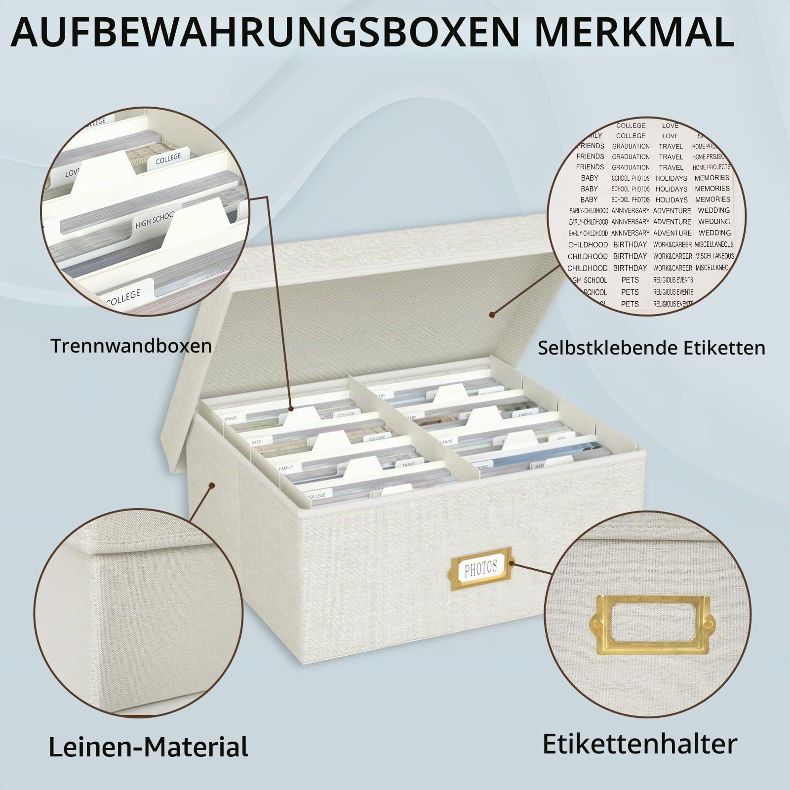 Dekorative Foto-Aufbewahrungsbox, Leinen-Fotobox für 1700 Bilder à 10 x 15 cm, Beige