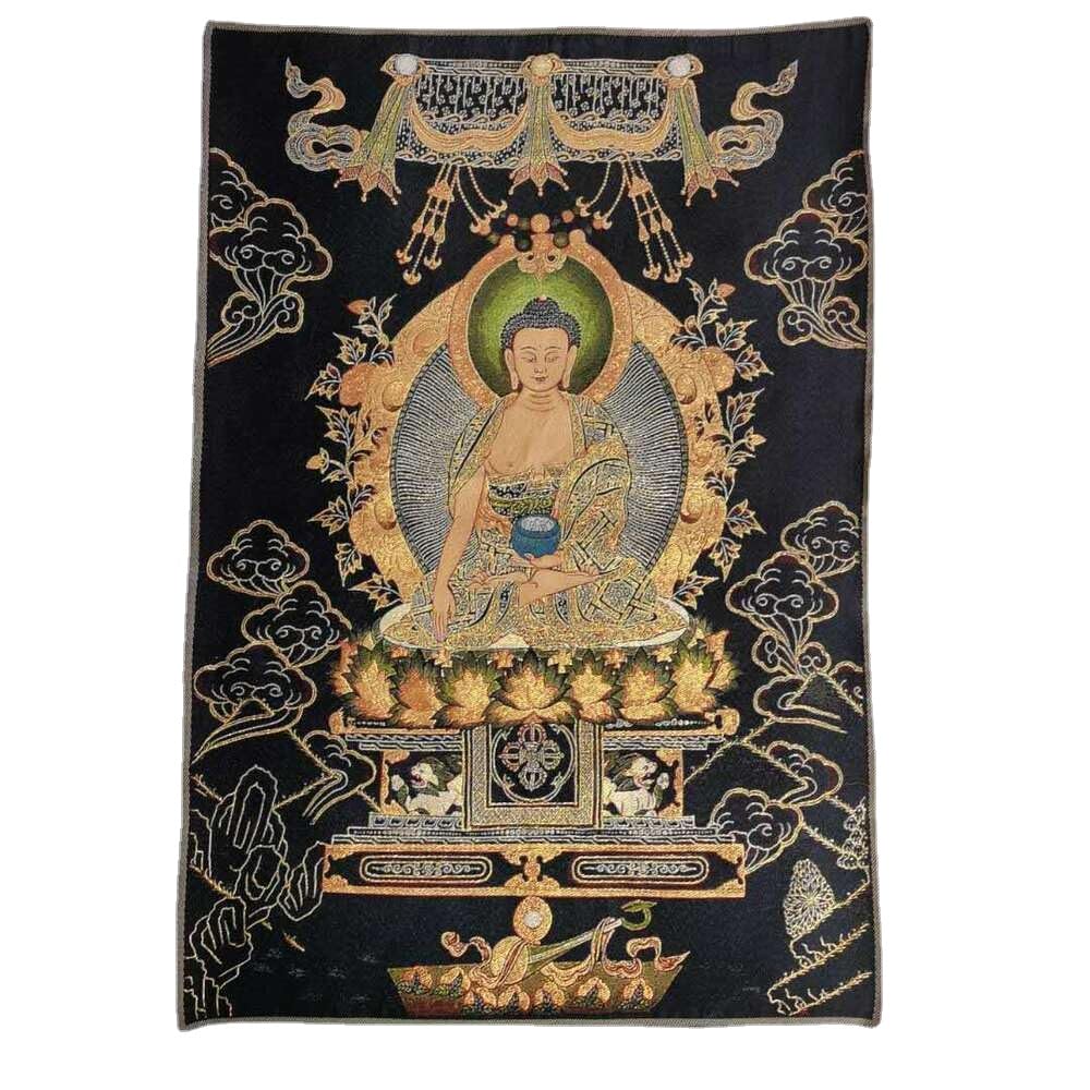 Thangka Silk Embroidery Tibetan Buddhism Rulai Menla Medicine Buddha Tangka Wall Hanging for Home Decor Tapestry Meditation