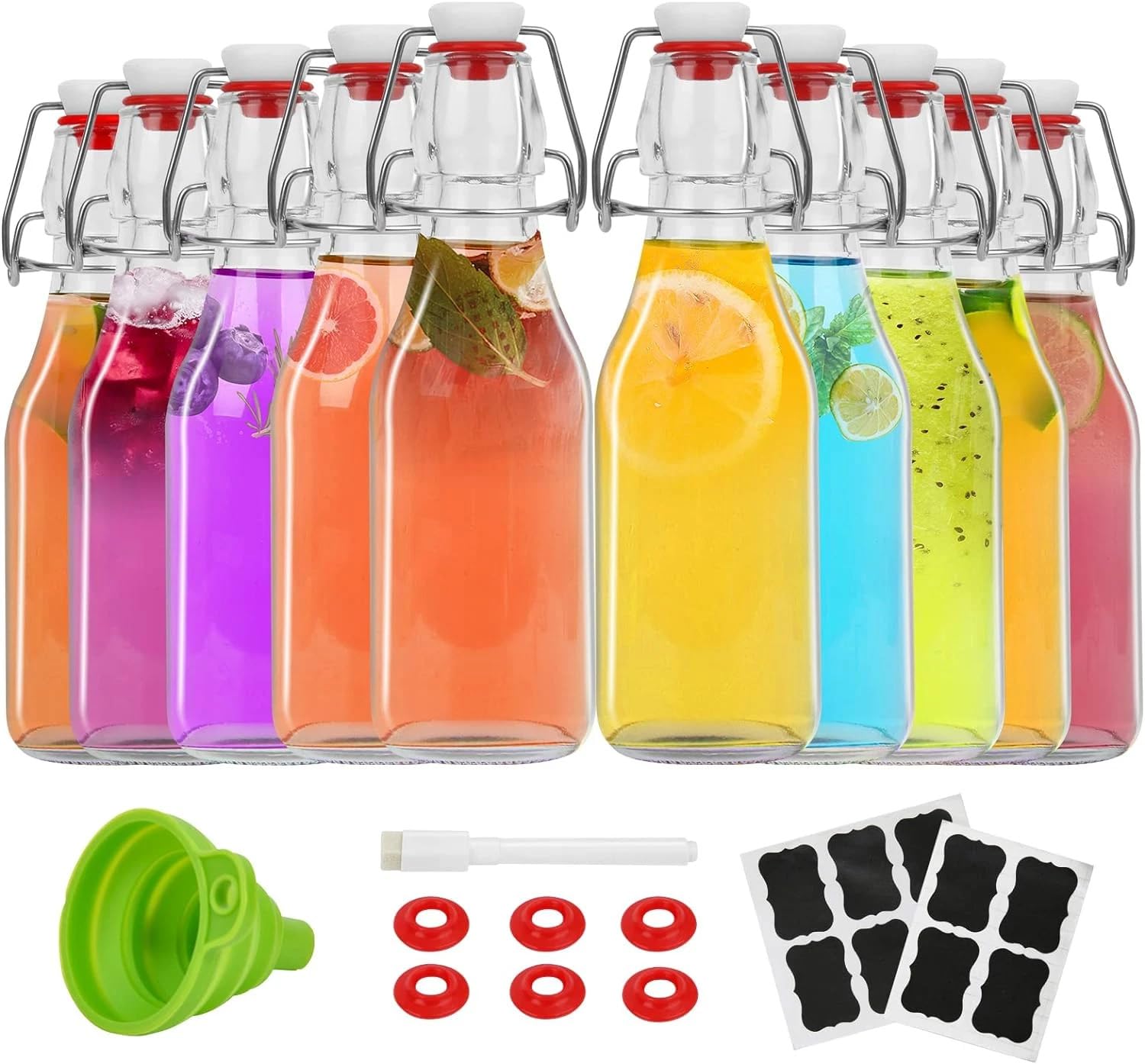 Premify 9 Pack Flip Top Glass Bottles with Airtight Stopper Lids,8oz Clear Glass Bottles for Kombucha, Fermentation, Kefir, Oil, Water, Milk, Soda & Vinegar-Includes Funnel,Labels & Erasable Pen
