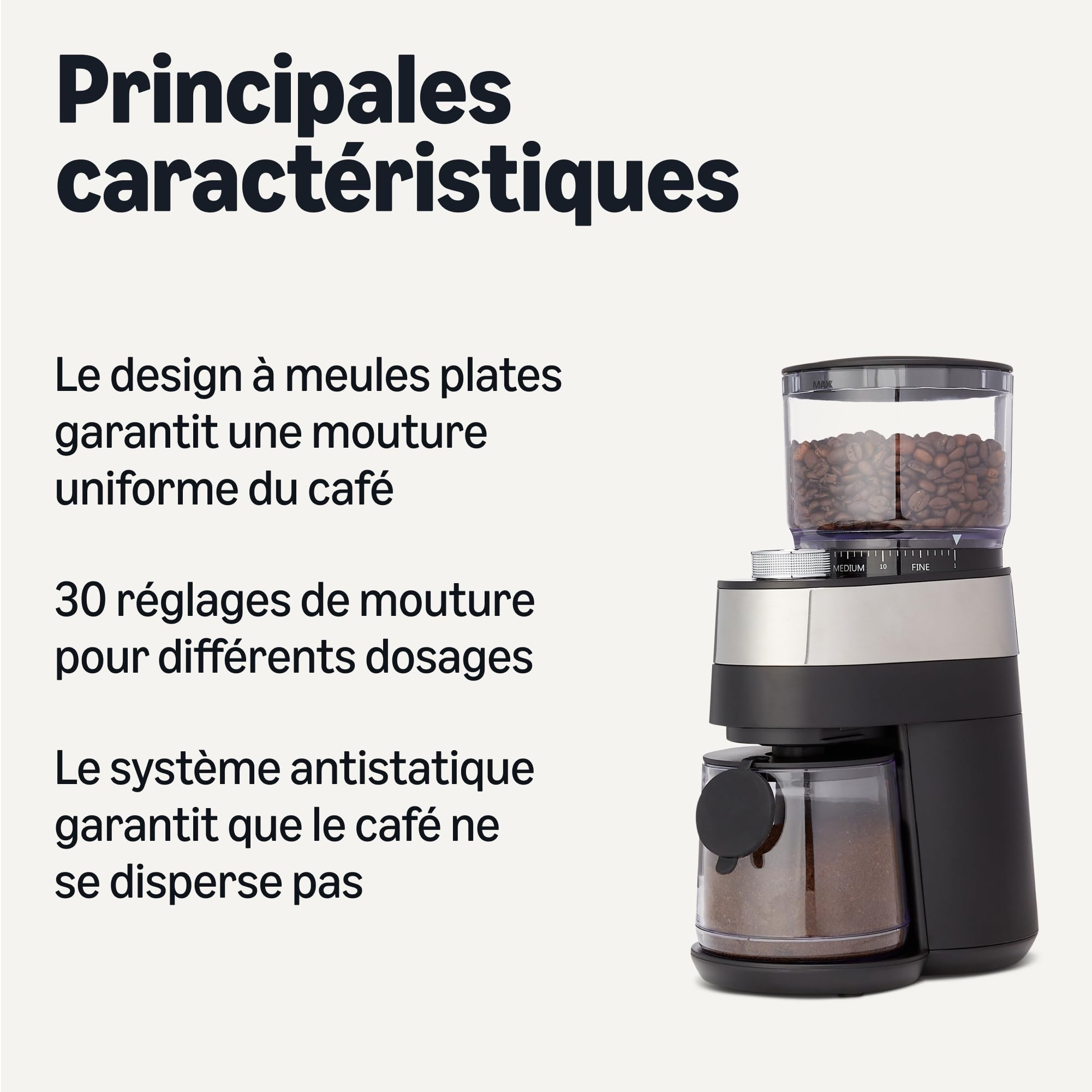 Amazon Basics Moulin à café électrique avec 30 réglages pour cafetière à piston, café filtre et espresso, noir