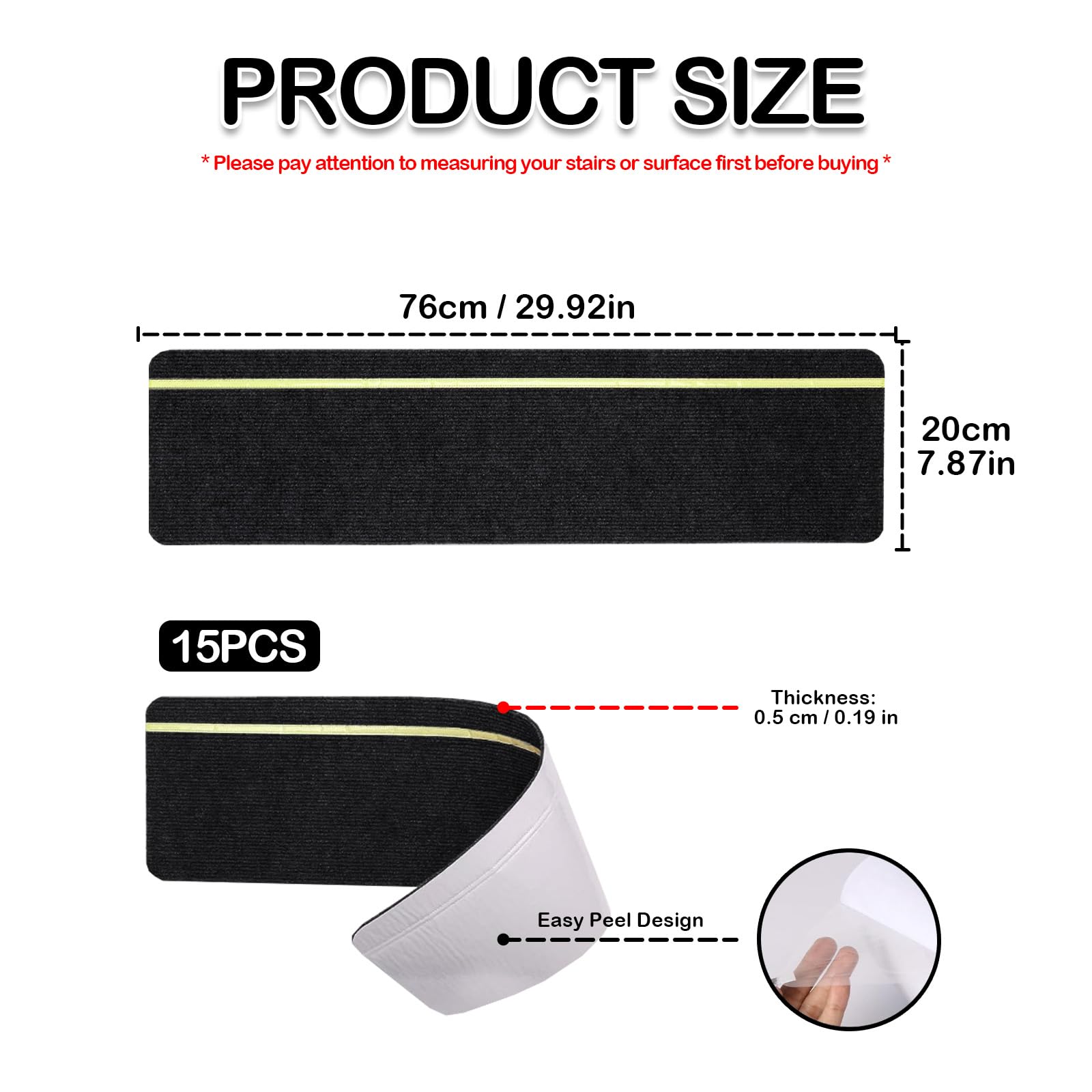 Treppenmatten Selbstklebend 15 Stück 76x20 cm, Stufenmatten Nachtleuchtend mit Glow Streifen rutschfest, Treppenteppich für Holztreppen, Polyester TPE Rückseite (schwarz)