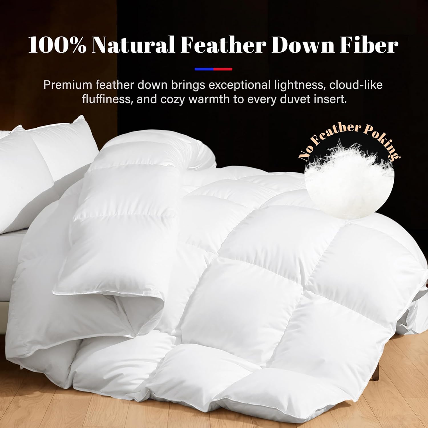 Feather Down Comforter King Size , Light Weight True Baffle-Box Noiseless Bedding Comforters, Soft Hotel Collection Bed Comforter, Medium Warmth - White,