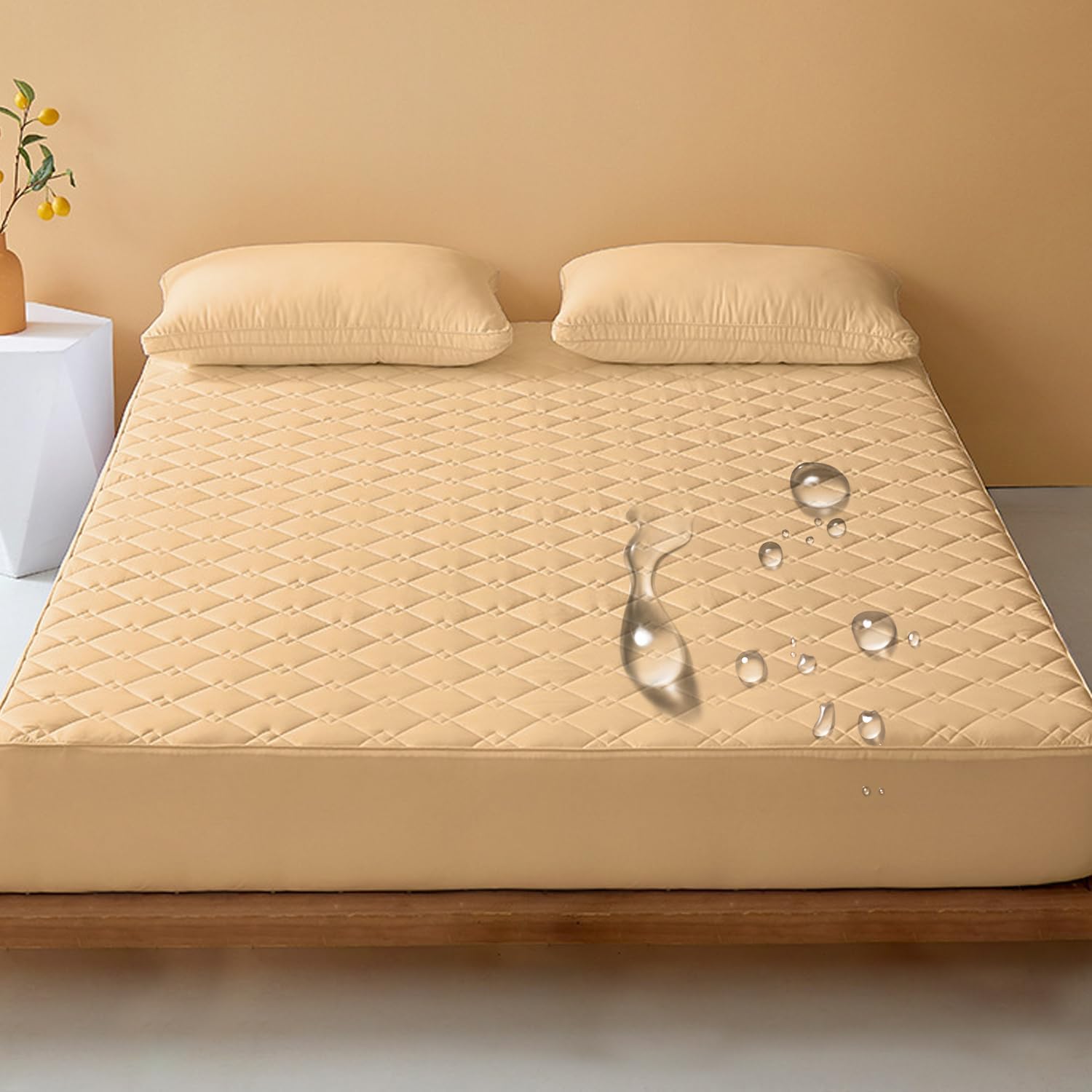 Waterproof Quilted Mattress Protector Queen Size Breathable Skin Friendly Mattress Cover Anti Slip and Dustproof Sheet Machine Washable Deep Pockets of 12In,Yellow,90 * 200cm